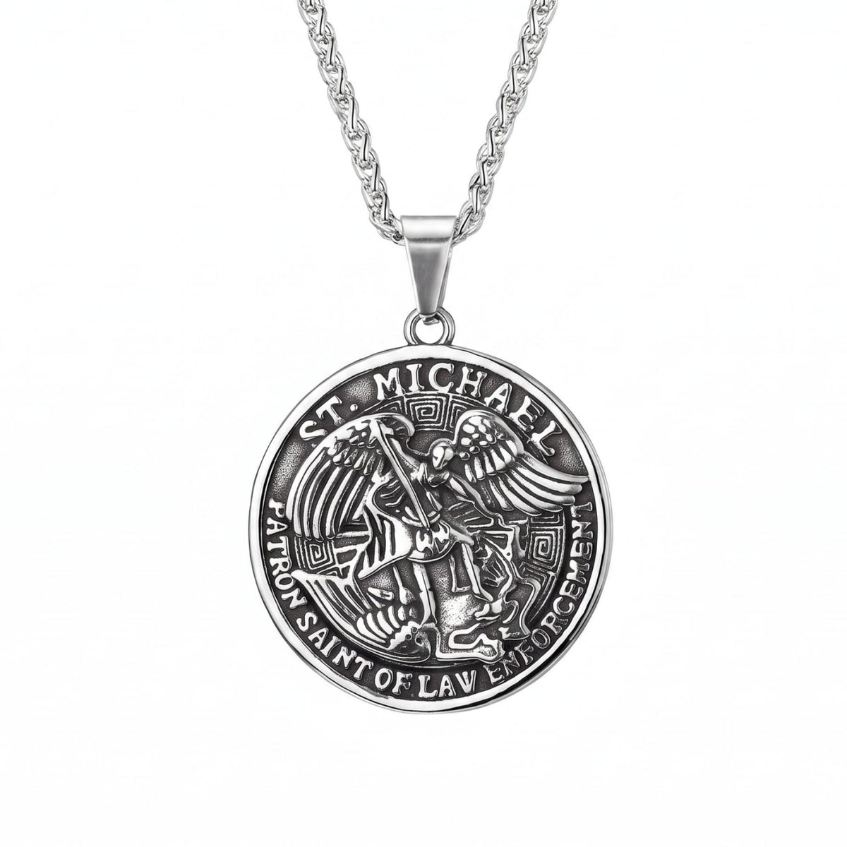Collier Saint Michel Archange pour homme, en acier inoxydable argenté, médaillon religieux avec prière