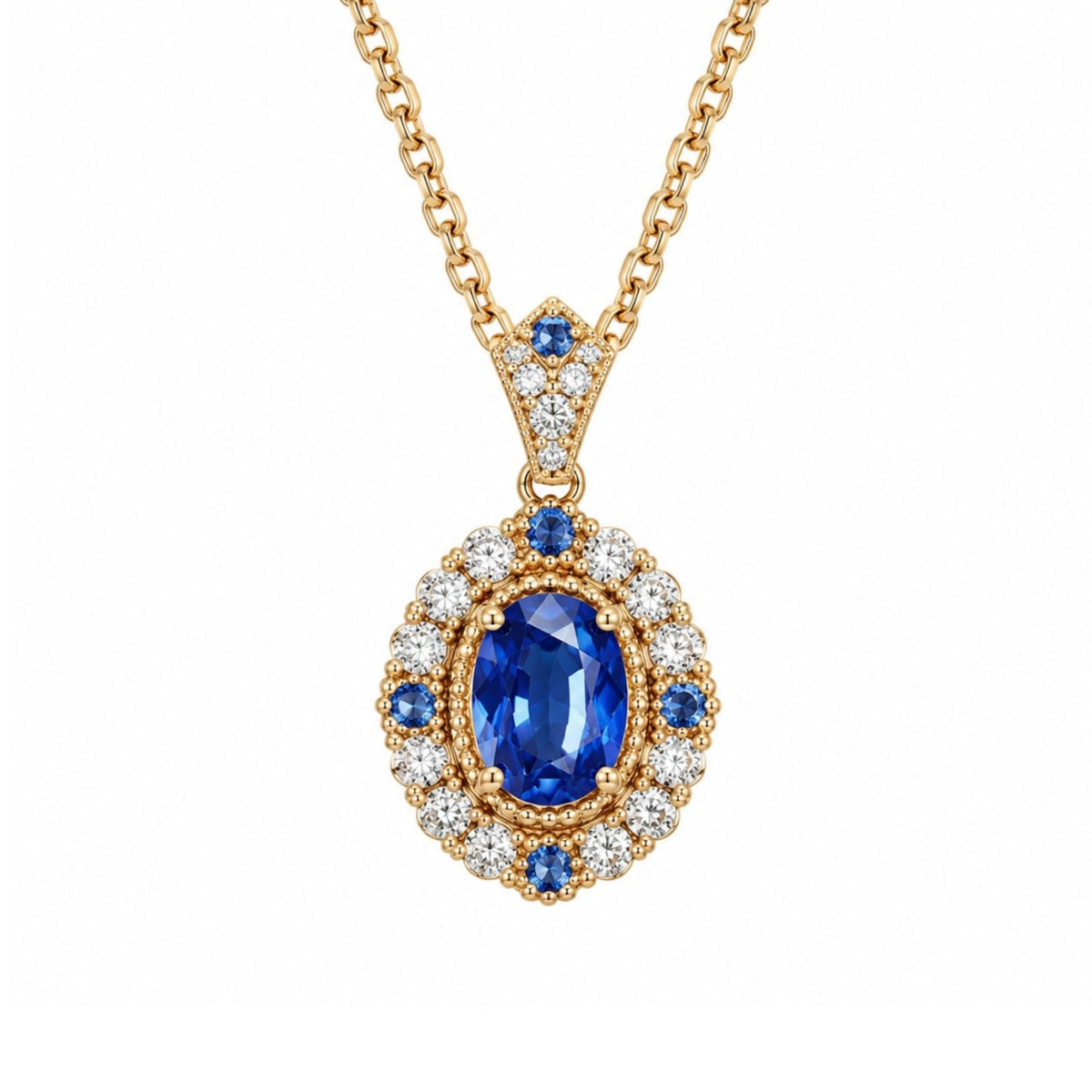 Collier saphir bleu pour femme, en cuivre doré, pendentif ovale entouré de zircons scintillants