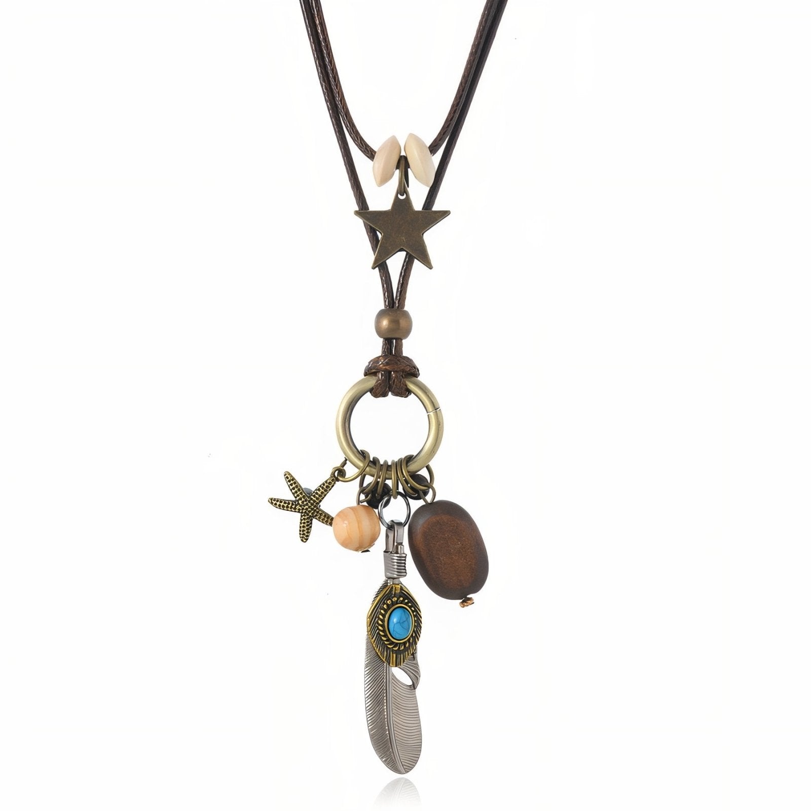 Collier sautoir double rang bohème, pendentifs perles en bois, étoile et plume, cordon marron en cuir
