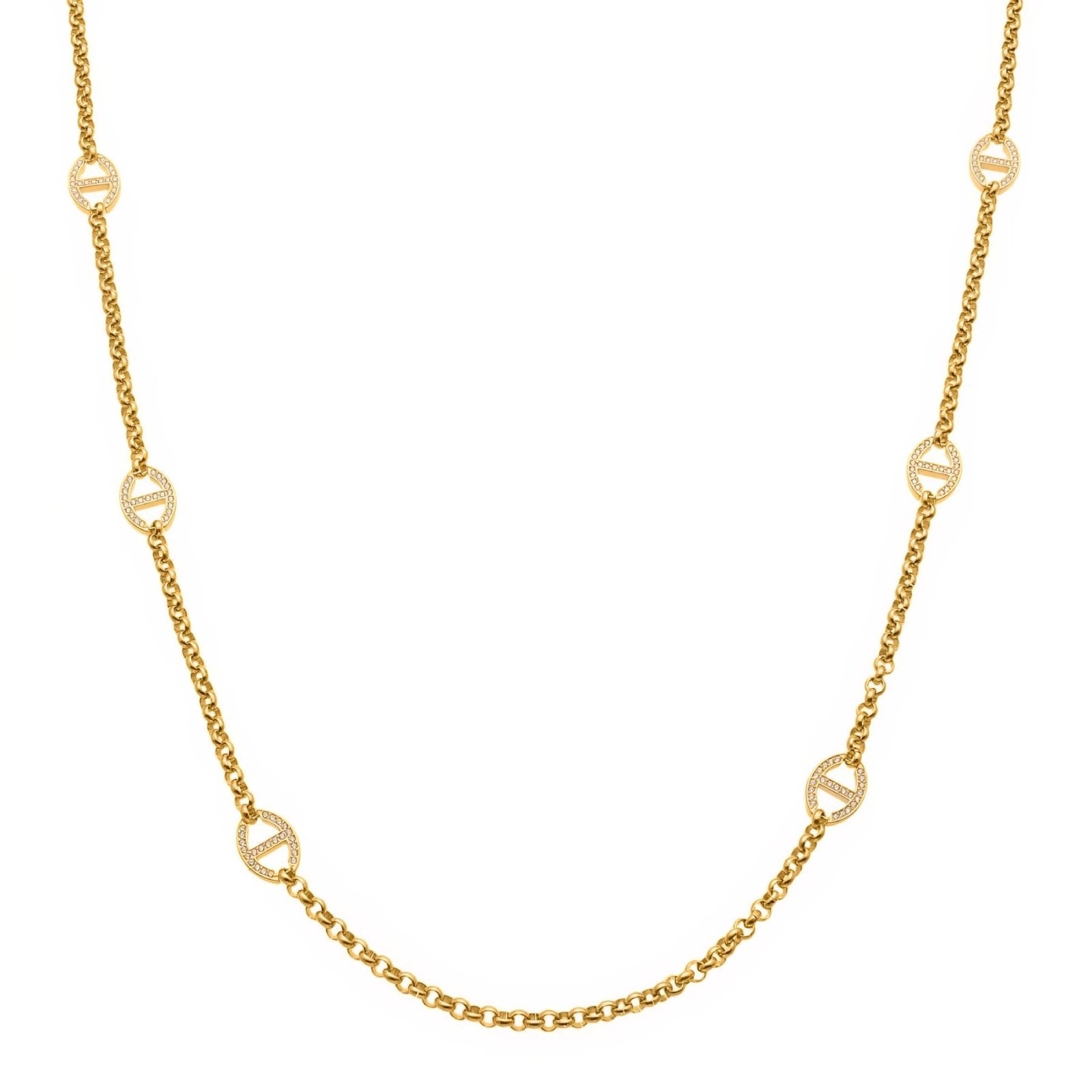 Collier sautoir or pour femme, ovales pavés de zircons, en acier inoxydable