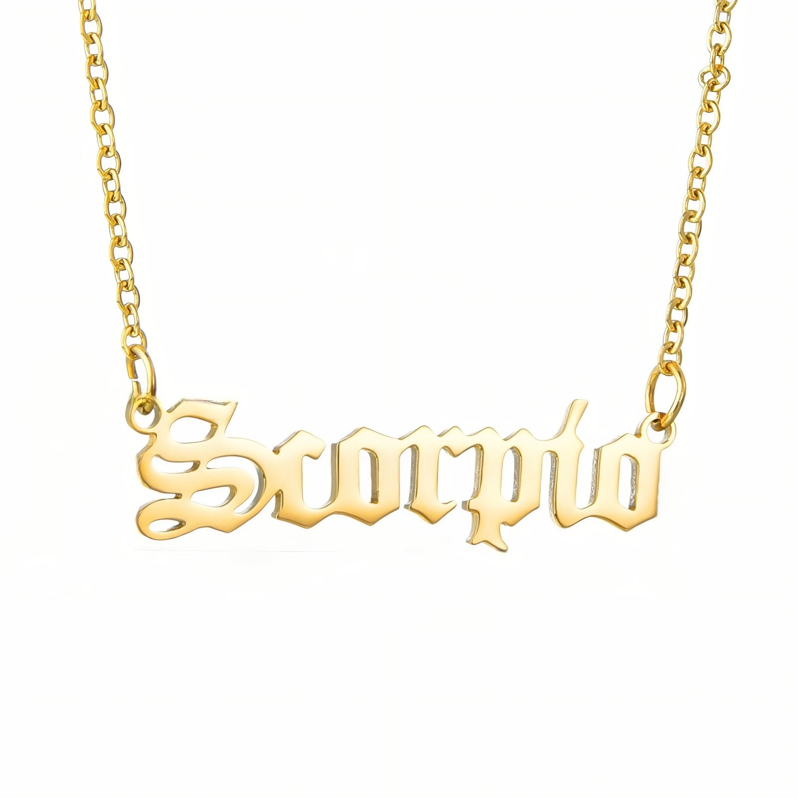 Collier signe astrologique doré, typographie gothique, en acier inoxydable