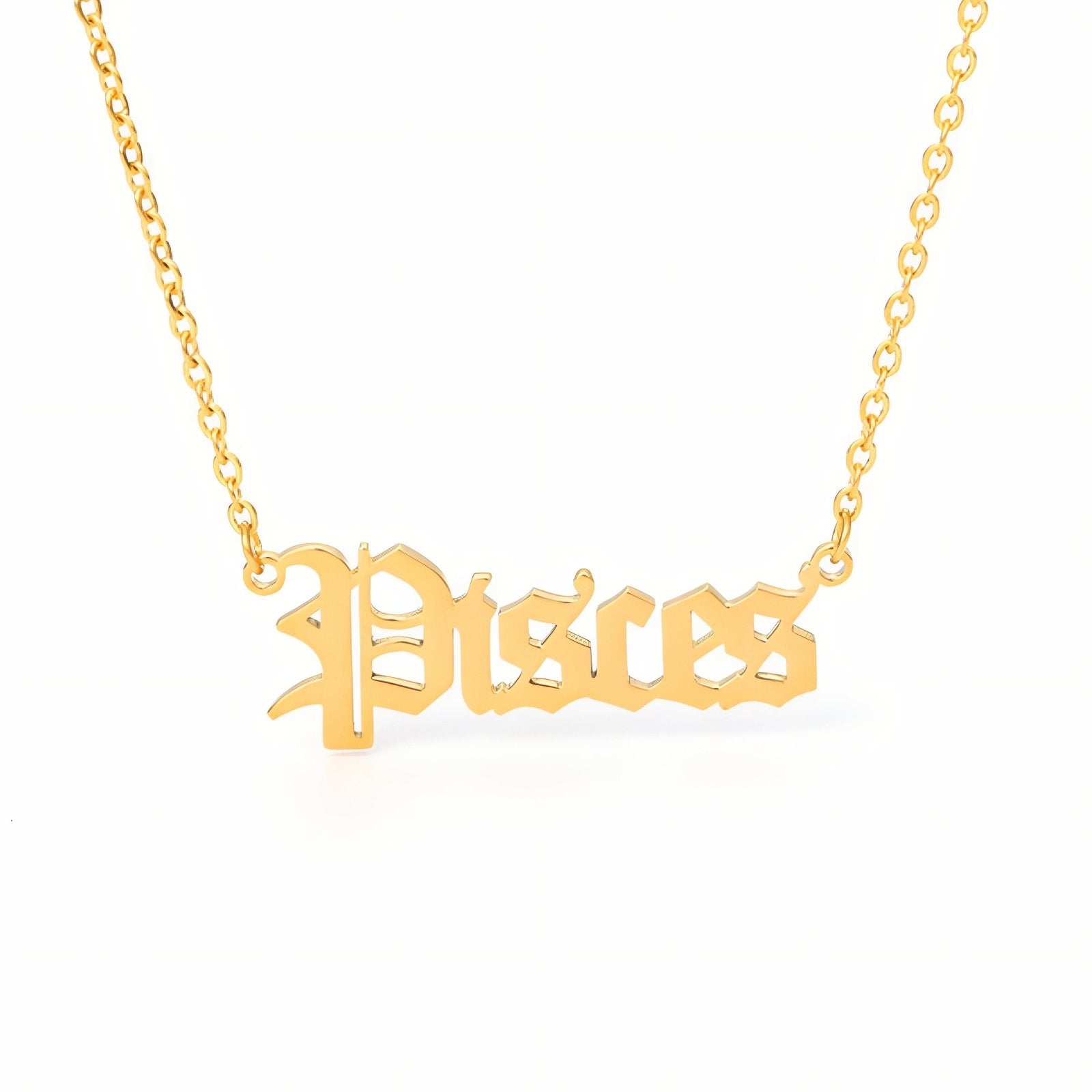 Collier signe astrologique doré, typographie gothique, en acier inoxydable