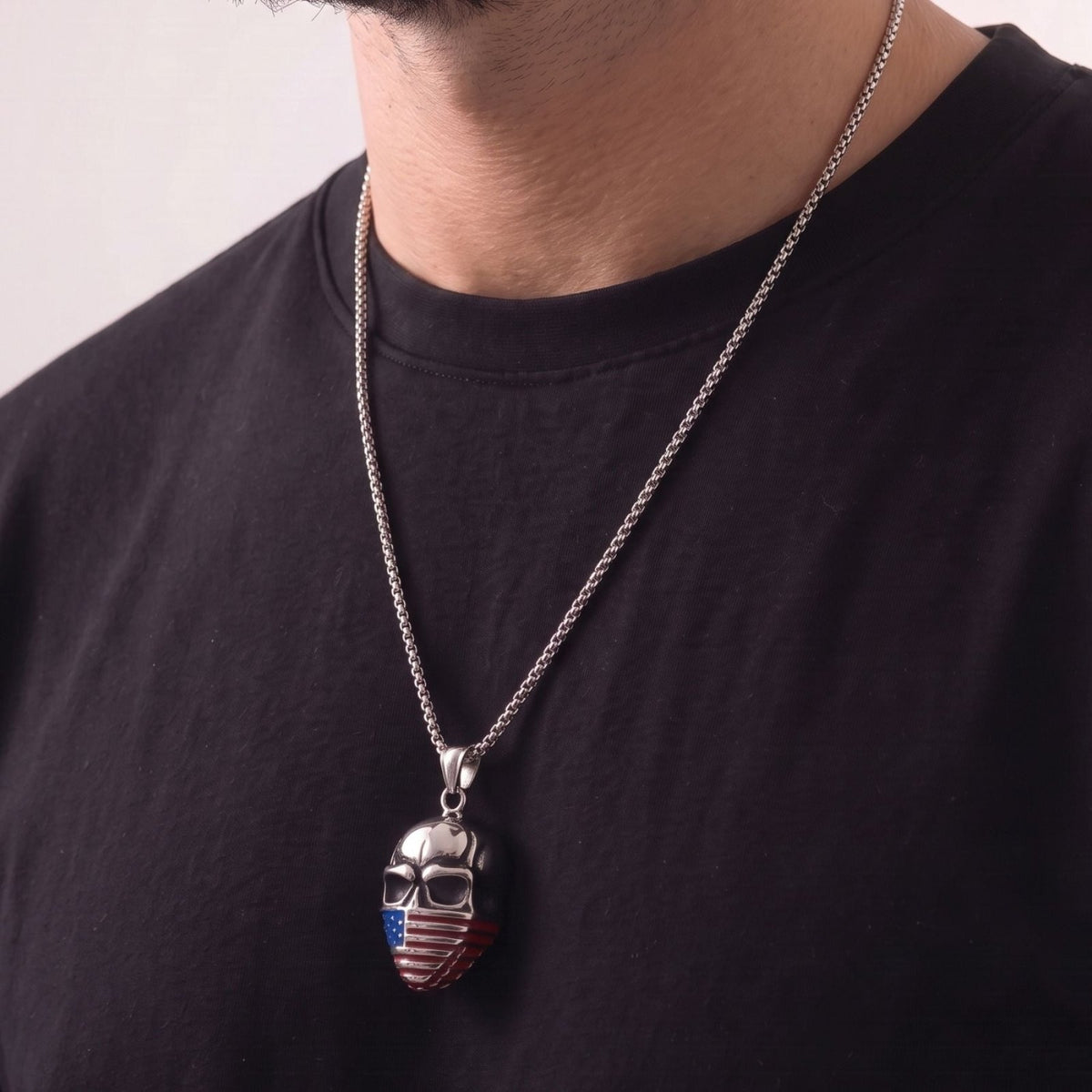 Collier skull USA pour homme, en acier inoxydable, pendentif tête de mort avec drapeau américain