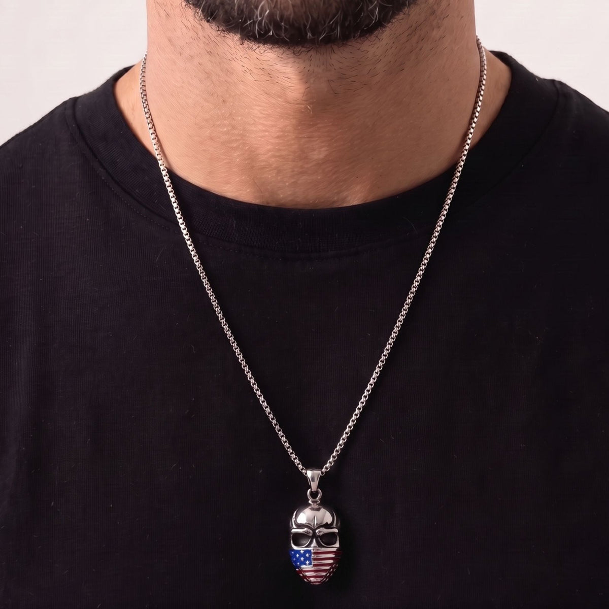 Collier skull USA pour homme, en acier inoxydable, pendentif tête de mort avec drapeau américain