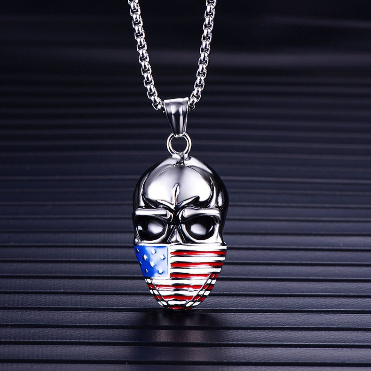 Collier skull USA pour homme, en acier inoxydable, pendentif tête de mort avec drapeau américain