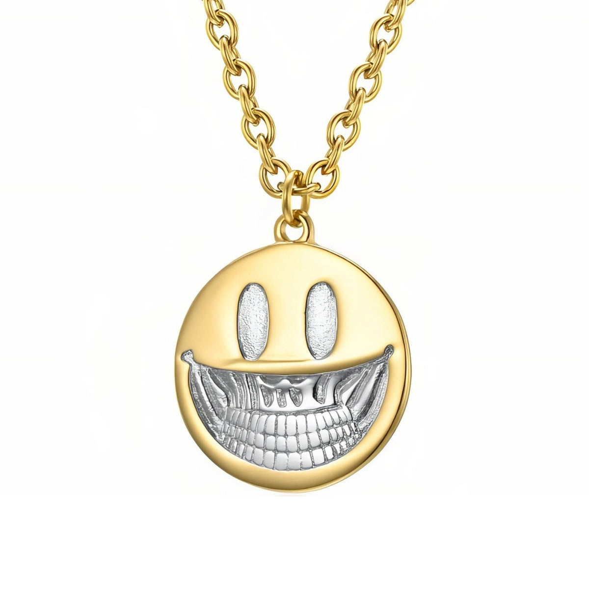 Collier smiley pour homme, en acier inoxydable, pendentif rond avec large sourire en reflief