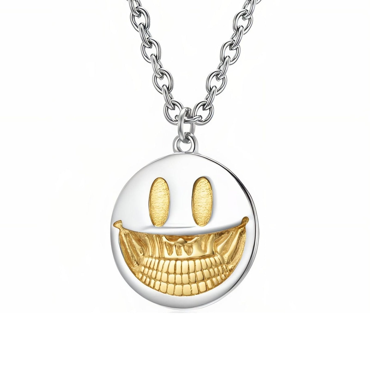 Collier smiley pour homme, en acier inoxydable, pendentif rond avec large sourire en reflief