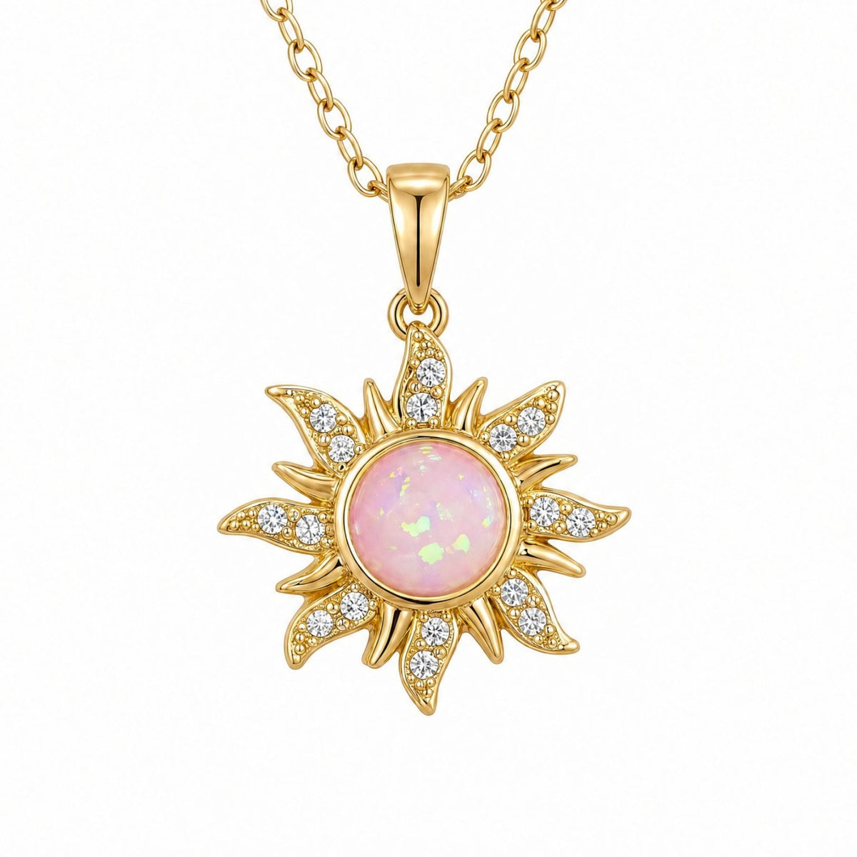 Collier soleil pour femme, en acier inoxydable doré, pendentif rond effet irisé serti de zircons