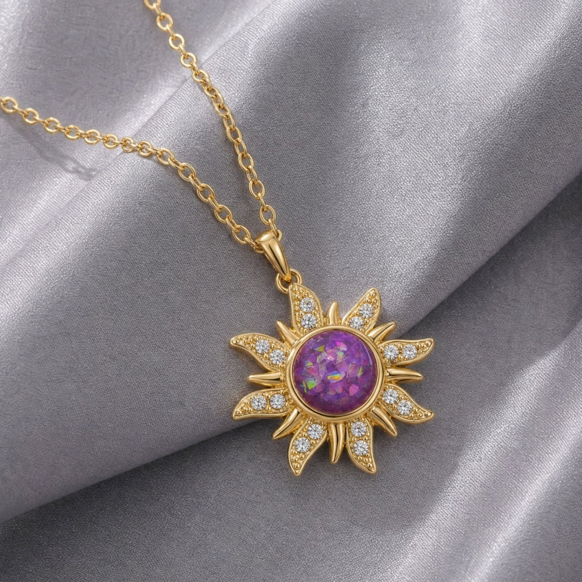 Collier soleil pour femme, en acier inoxydable doré, pendentif rond effet irisé serti de zircons