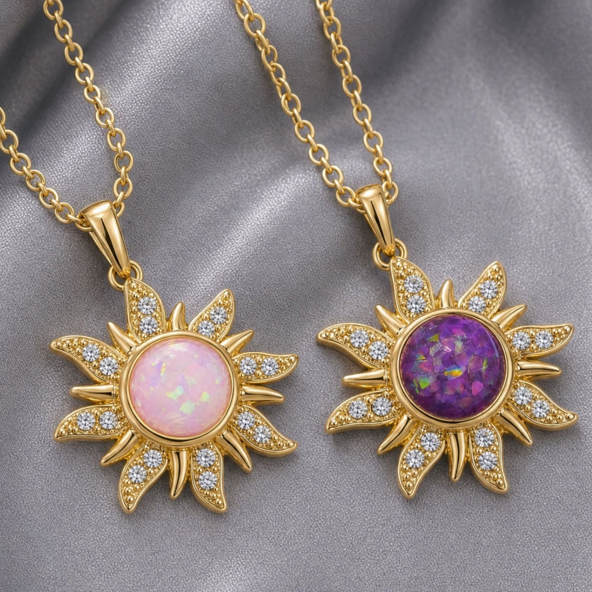 Collier soleil pour femme, en acier inoxydable doré, pendentif rond effet irisé serti de zircons
