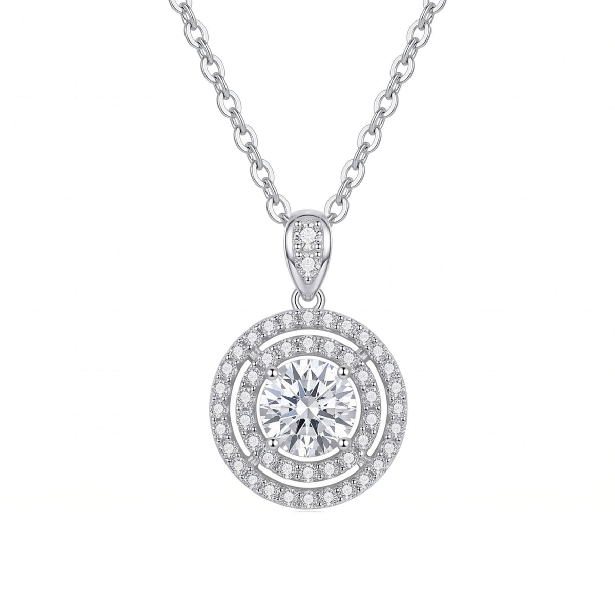Collier solitaire rond pour femme, en cuivre argenté, pendentif halo serti de pierres blanches avec grand zircon central effet moissanite