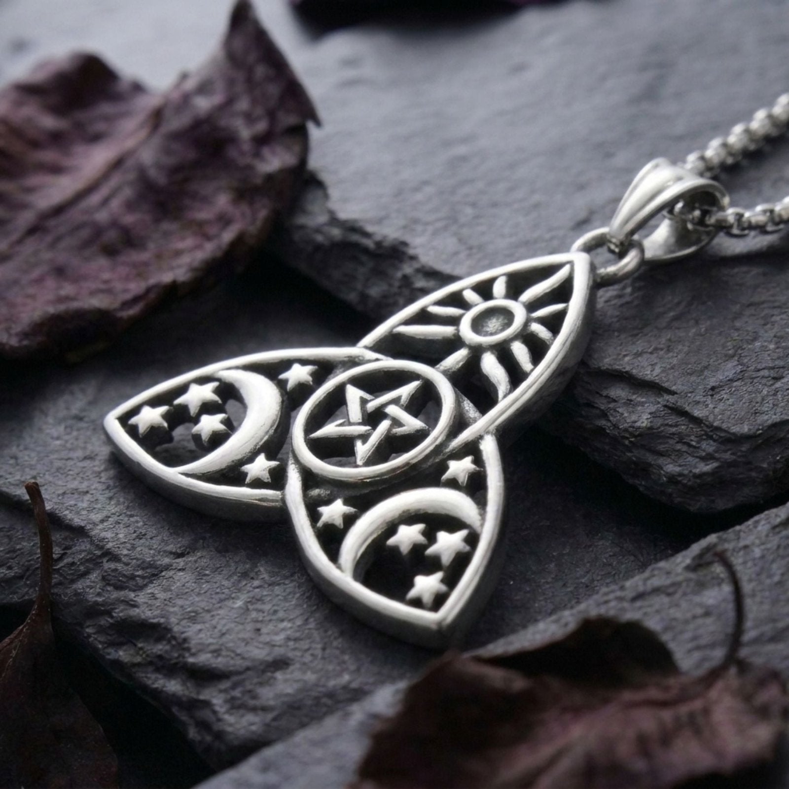 Collier sorcière unisexe, en acier inoxydable, avec pendentif lune et étoiles
