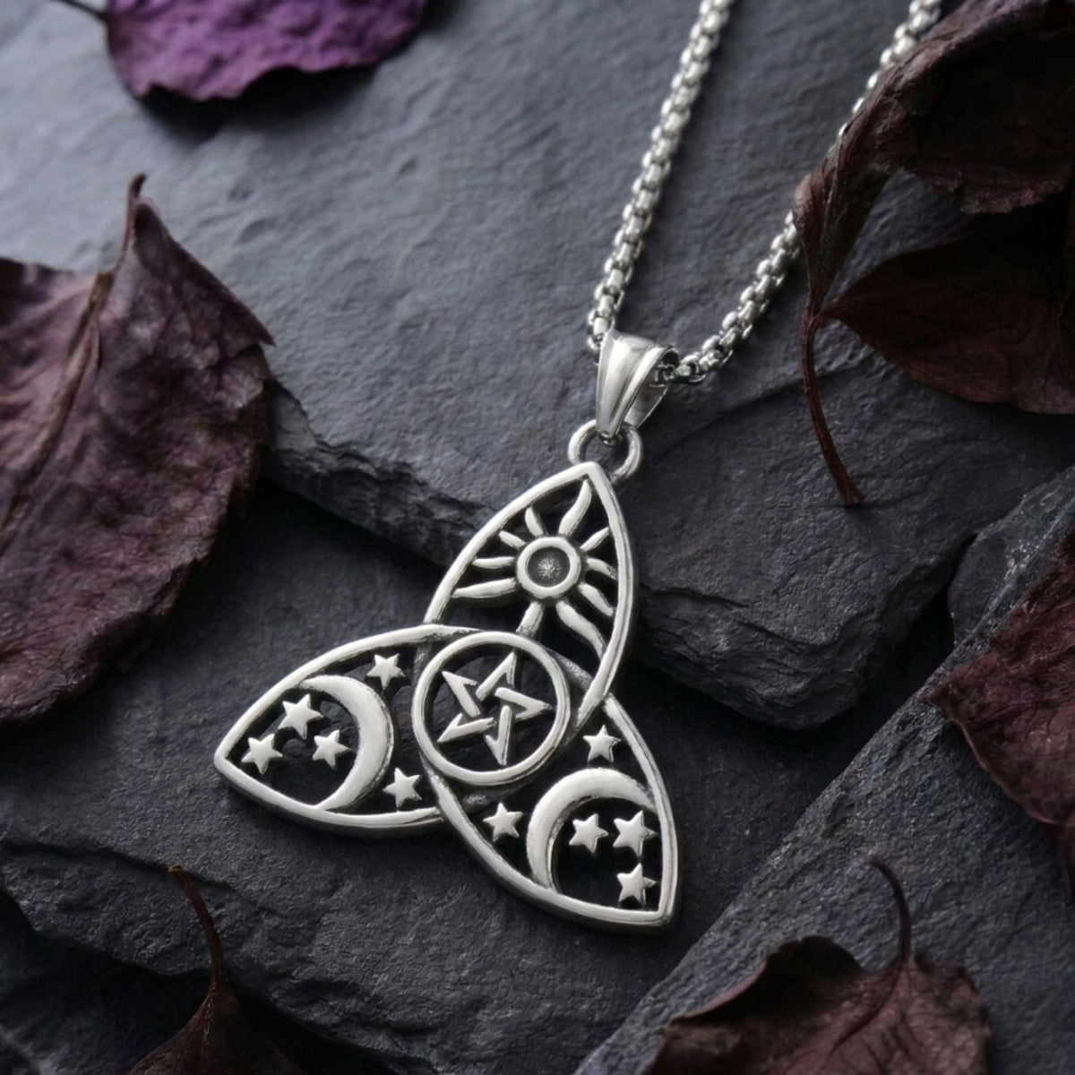 Collier sorcière unisexe, en acier inoxydable, avec pendentif lune et étoiles