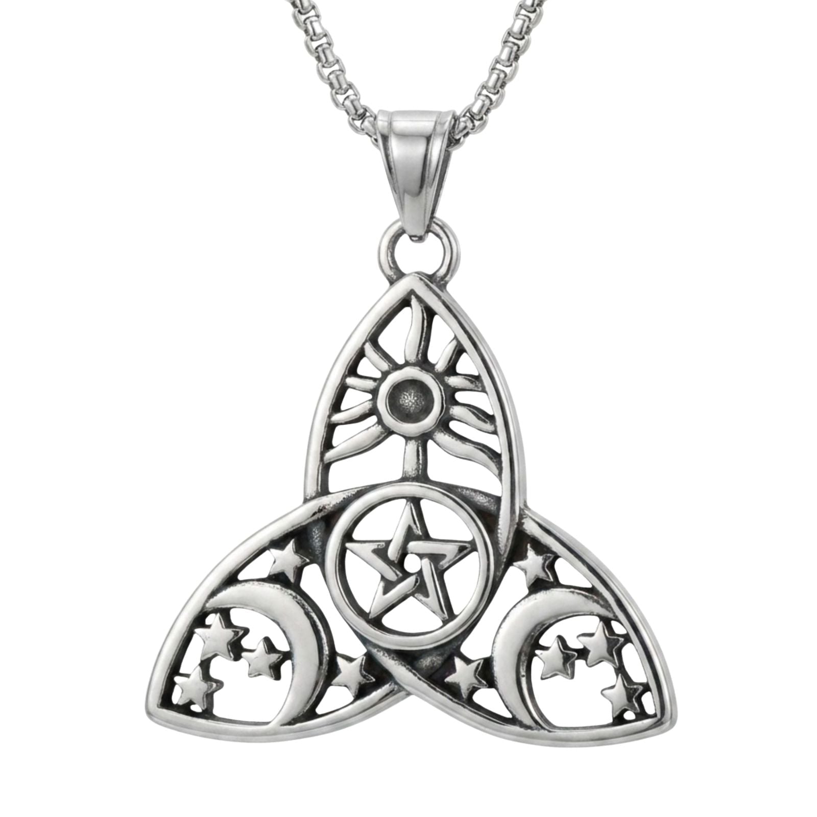 Collier sorcière unisexe, en acier inoxydable, avec pendentif lune et étoiles