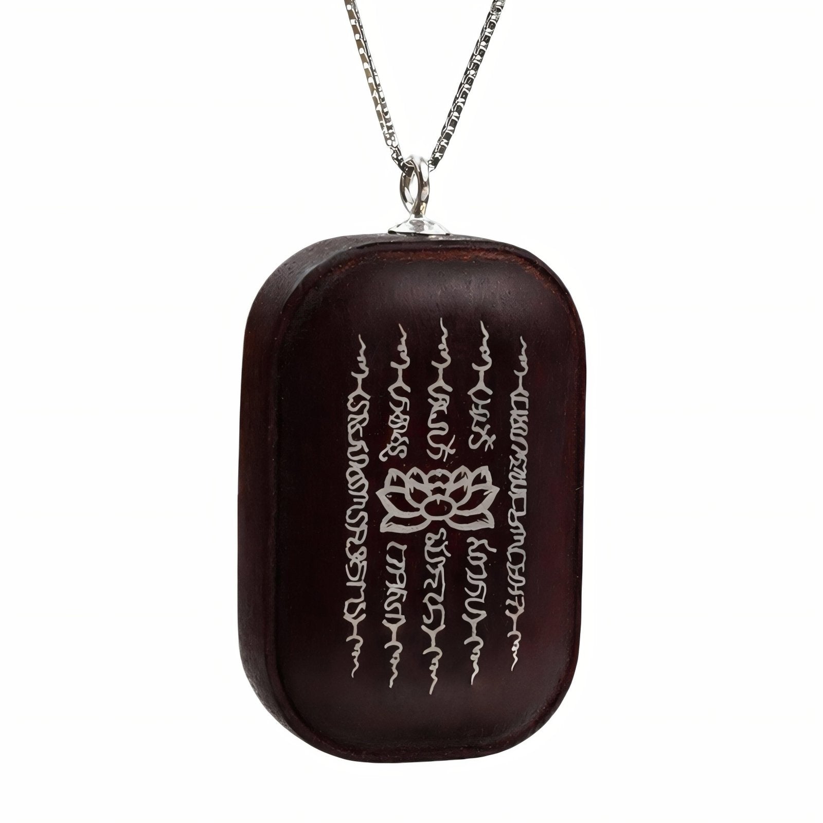 Collier spirituel en bois de santal, avec pendentif rectangulaire bouddhistes incrusté d'argent