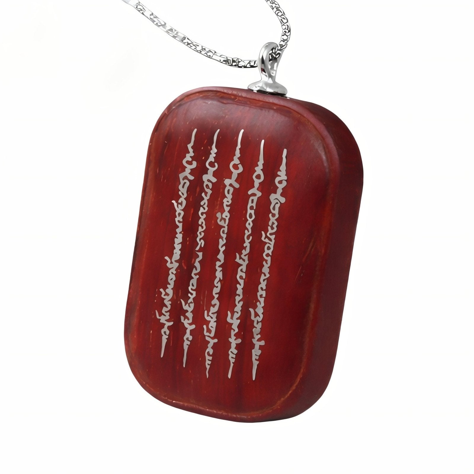 Collier spirituel en bois de santal, avec pendentif rectangulaire bouddhistes incrusté d'argent
