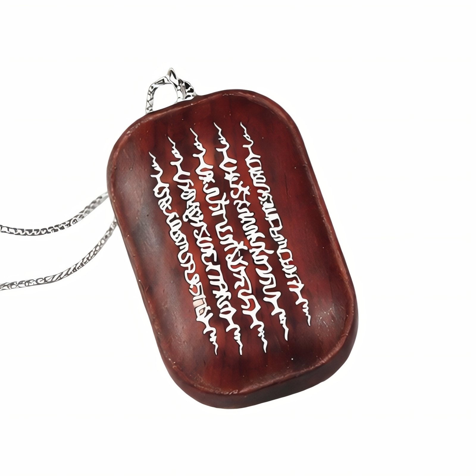 Collier spirituel en bois de santal, avec pendentif rectangulaire bouddhistes incrusté d'argent