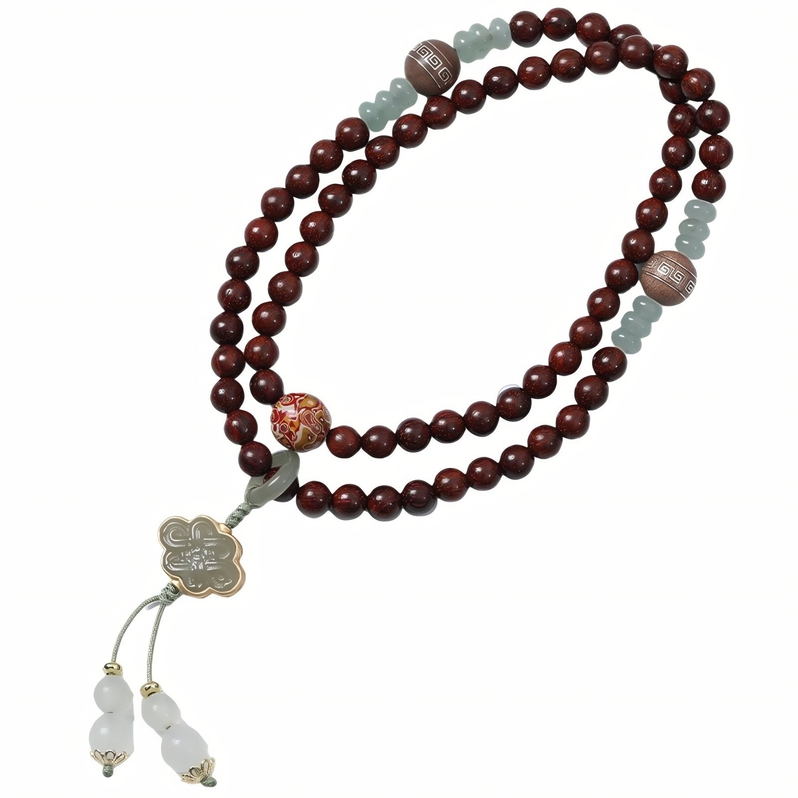 Collier spirituel en bois de santal rouge, avec perles de bois, orné de motifs ajourés en argent