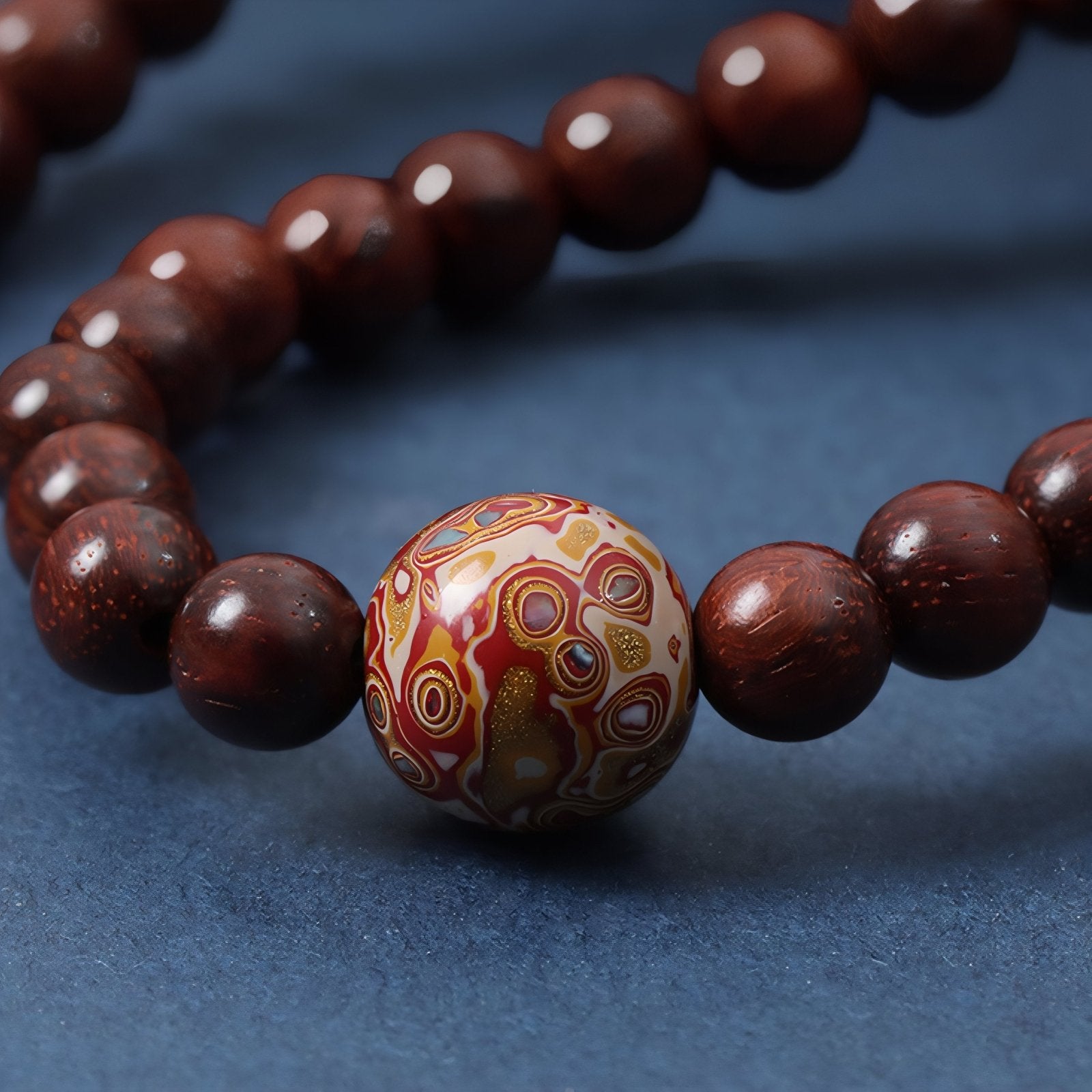 Collier spirituel en bois de santal rouge, avec perles de bois, orné de motifs ajourés en argent