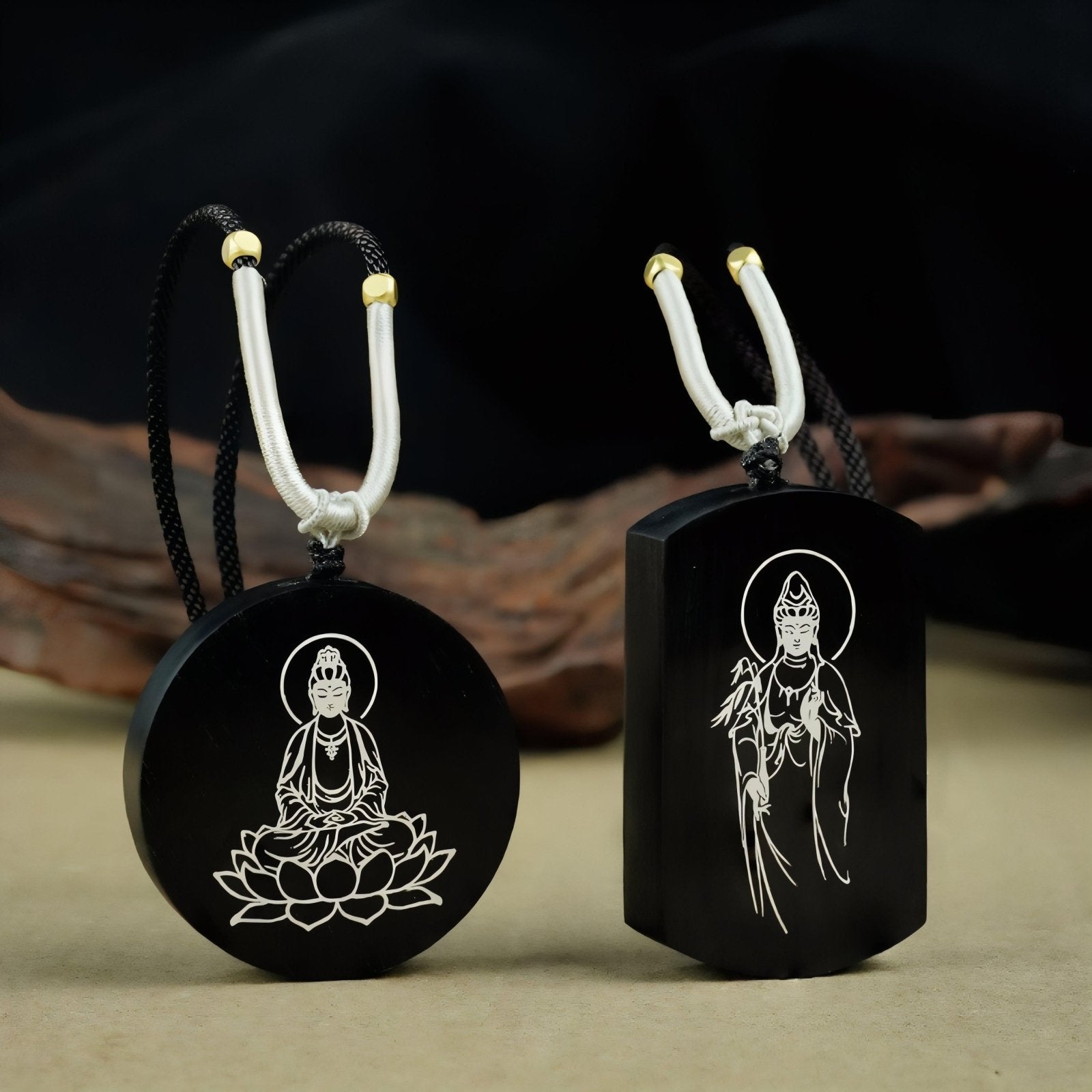 Collier spirituel en bois d'ébène naturel, avec pendentif géométrique incrusté d'argent, cordon ajustable