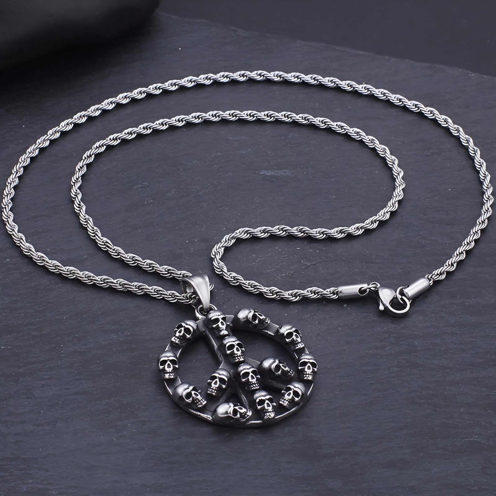 Collier streetwear pour homme, avec pendentif au symbole paix et têtes de mort, en acier inoxydable