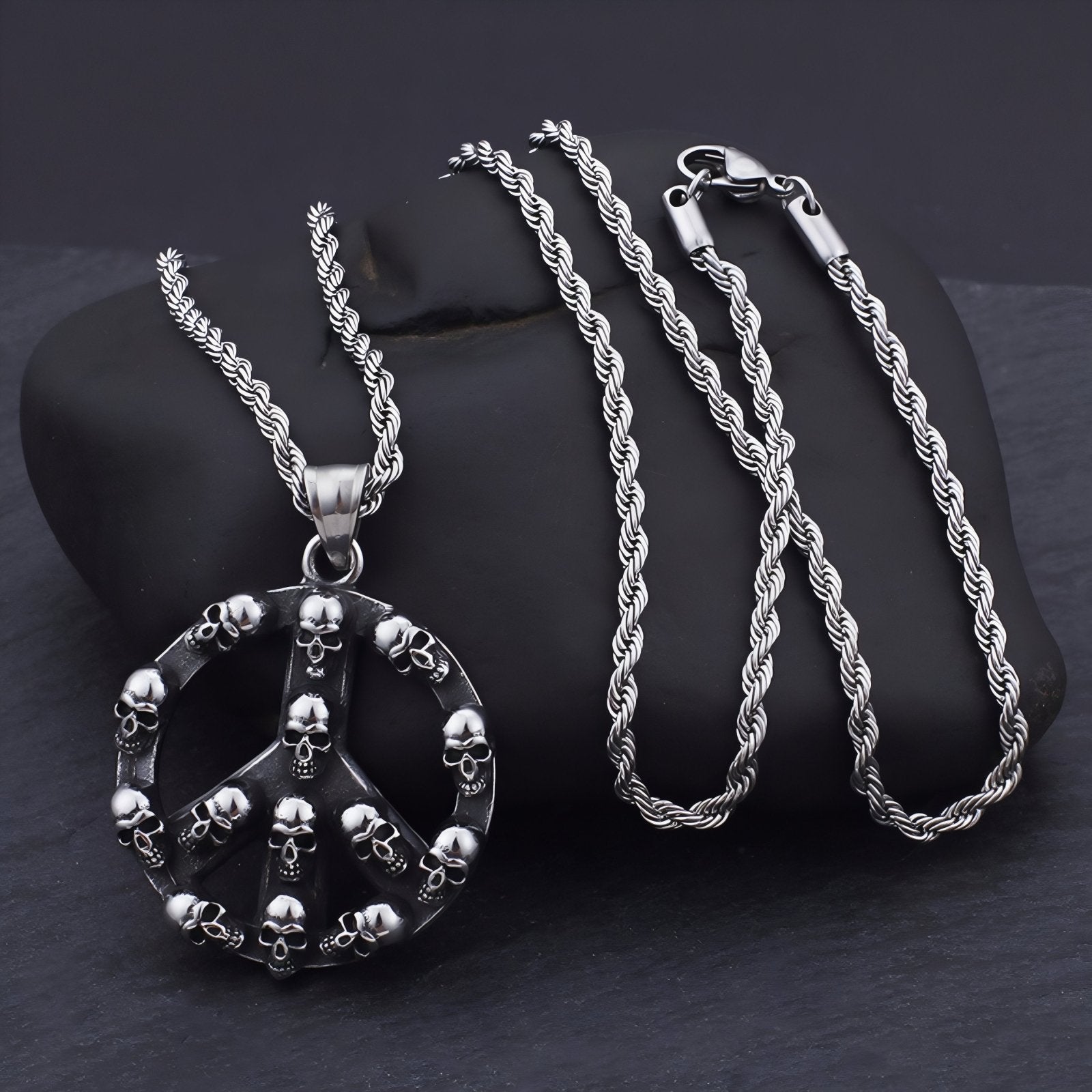 Collier streetwear pour homme, avec pendentif au symbole paix et têtes de mort, en acier inoxydable