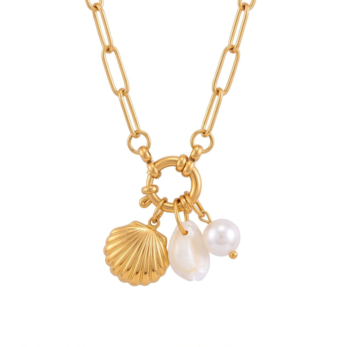 Collier style marin pour femme, en acier inoxydable doré, pendentif coquillage et perle blanche au style chic