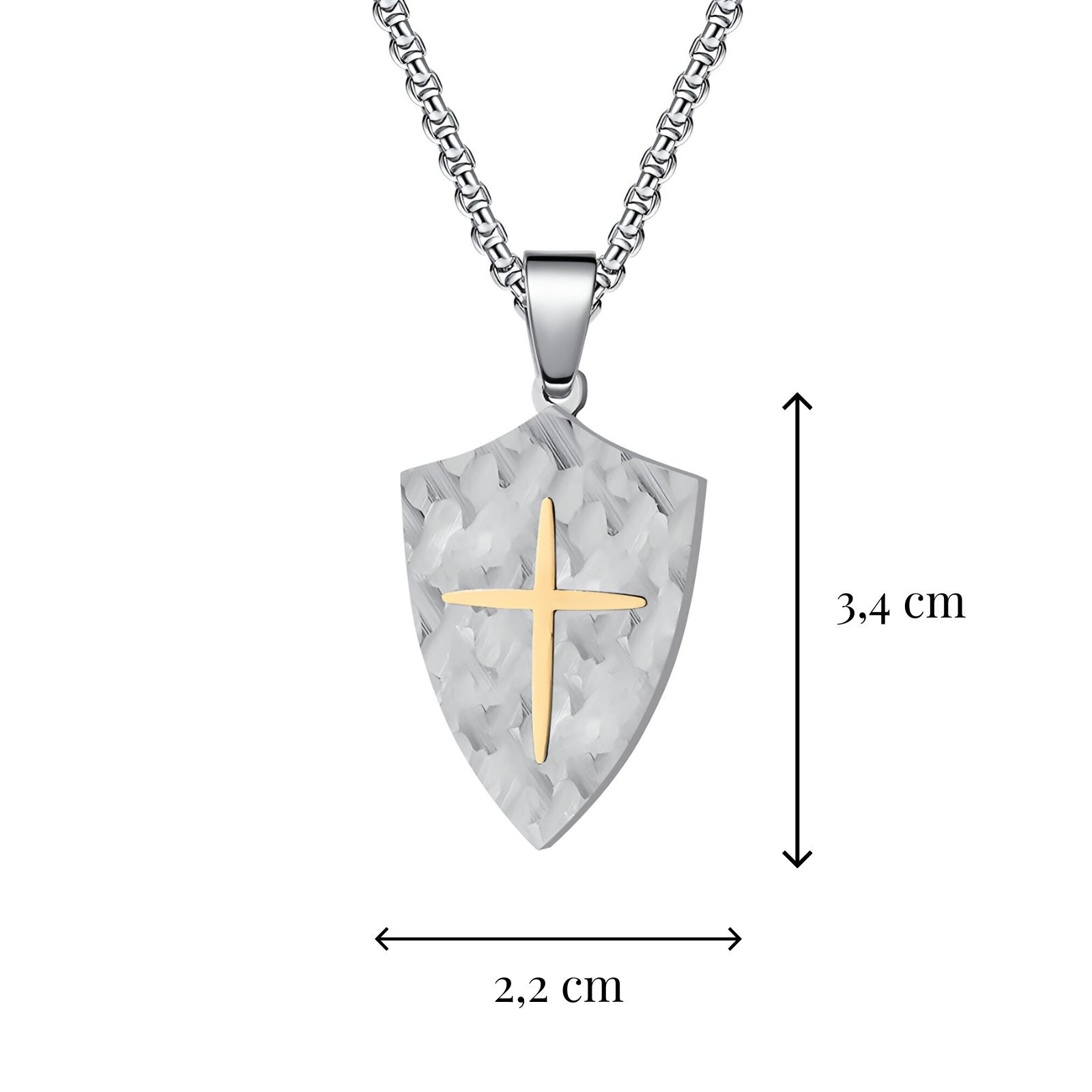 Collier style médiéval homme, bouclier texturé et croix incrustée, modèle Léonard