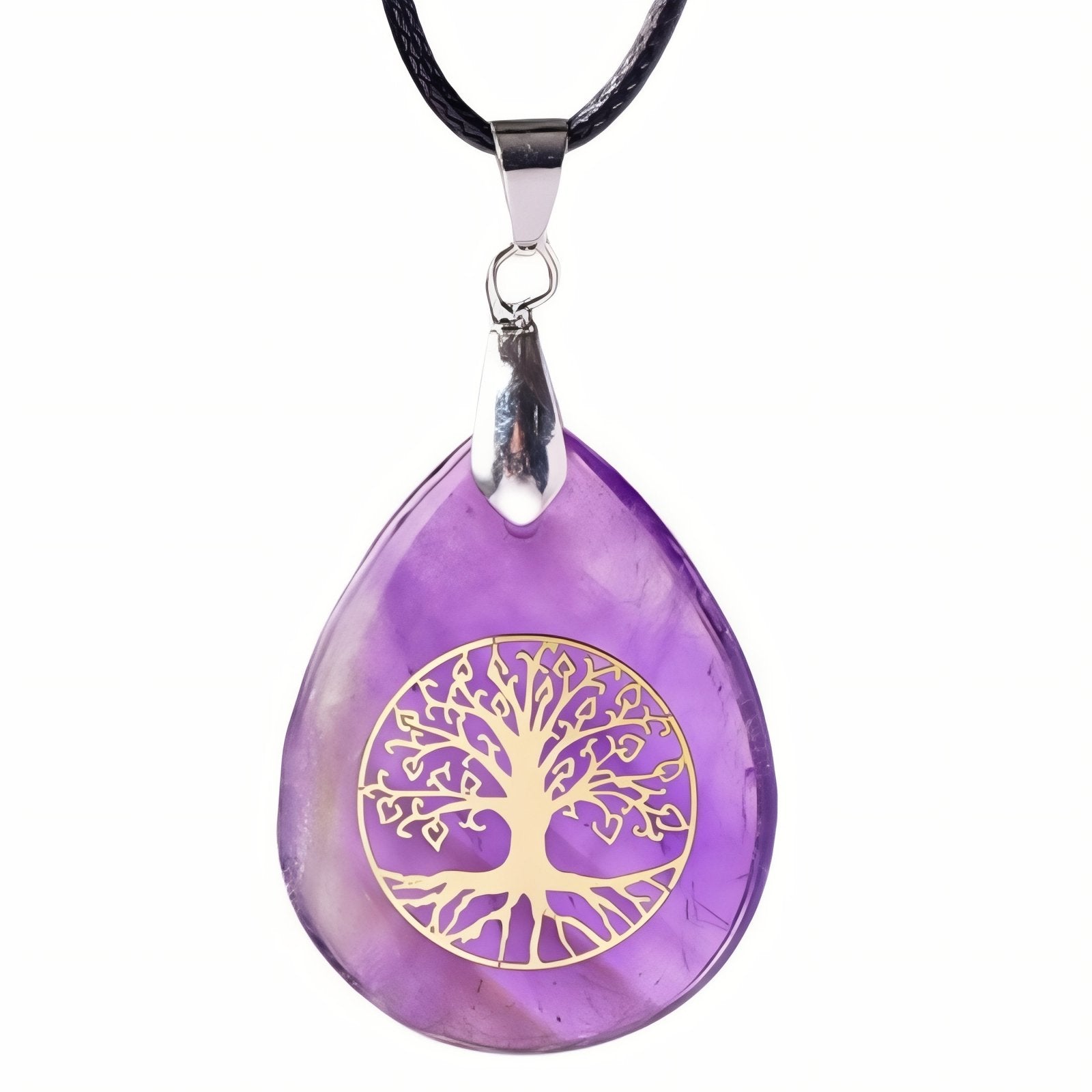 Collier symbolique pour femme, avec cordon noir et pendentif en pierre naturelle orné d'un arbre de vie