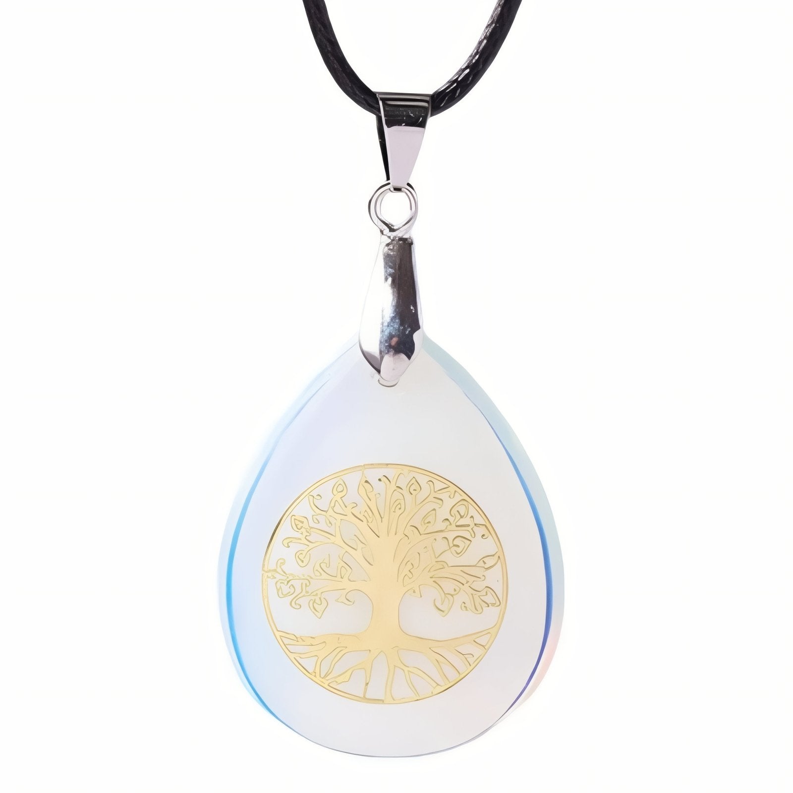 Collier symbolique pour femme, avec cordon noir et pendentif en pierre naturelle orné d'un arbre de vie
