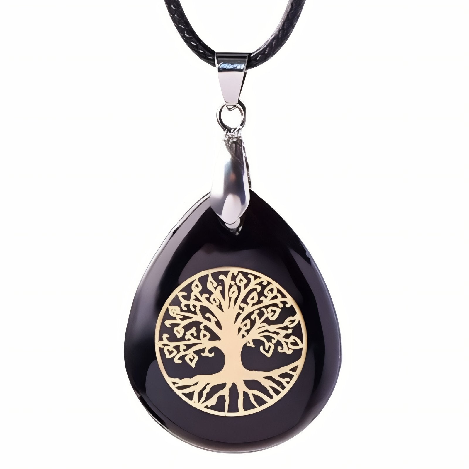 Collier symbolique pour femme, avec cordon noir et pendentif en pierre naturelle orné d'un arbre de vie