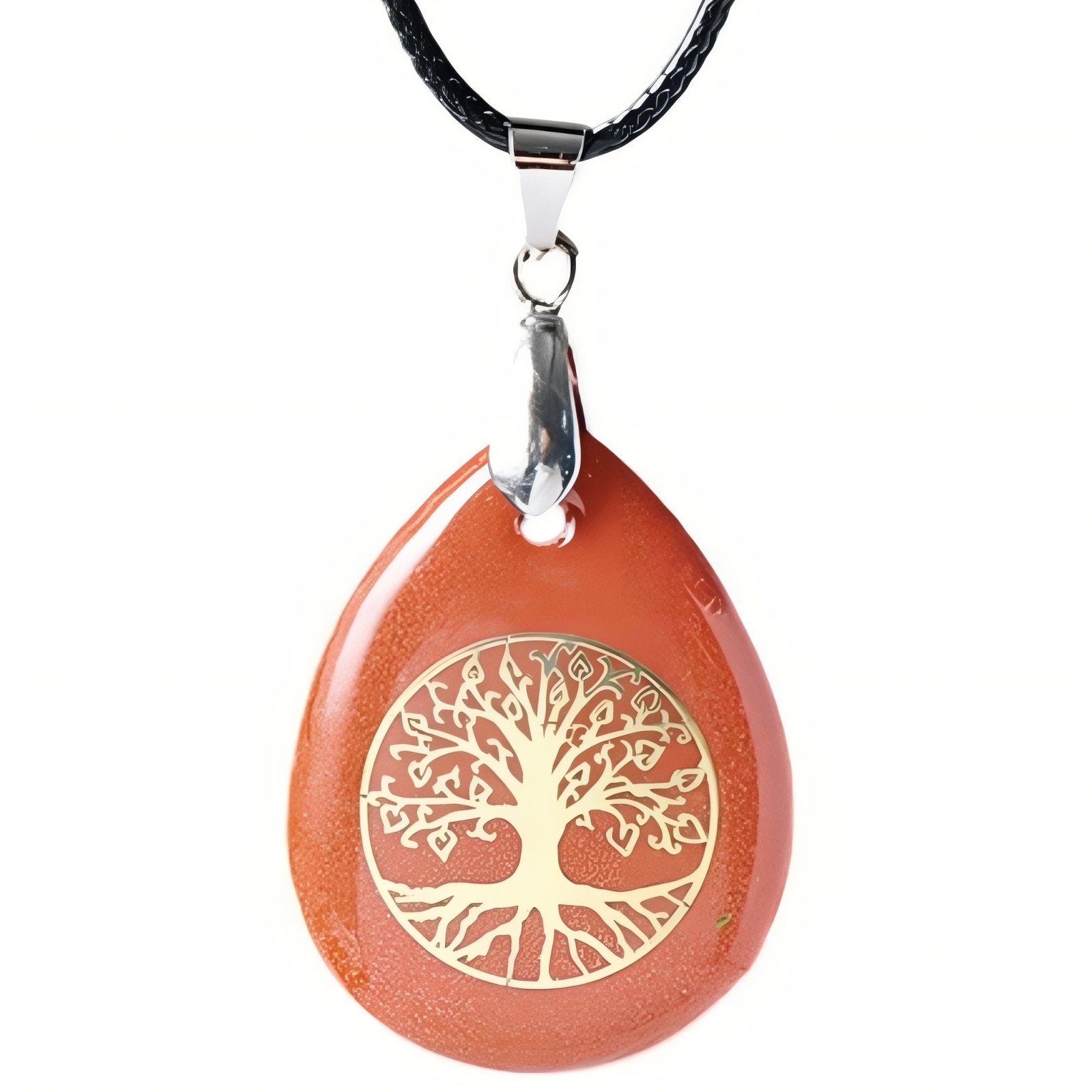 Collier symbolique pour femme, avec cordon noir et pendentif en pierre naturelle orné d'un arbre de vie