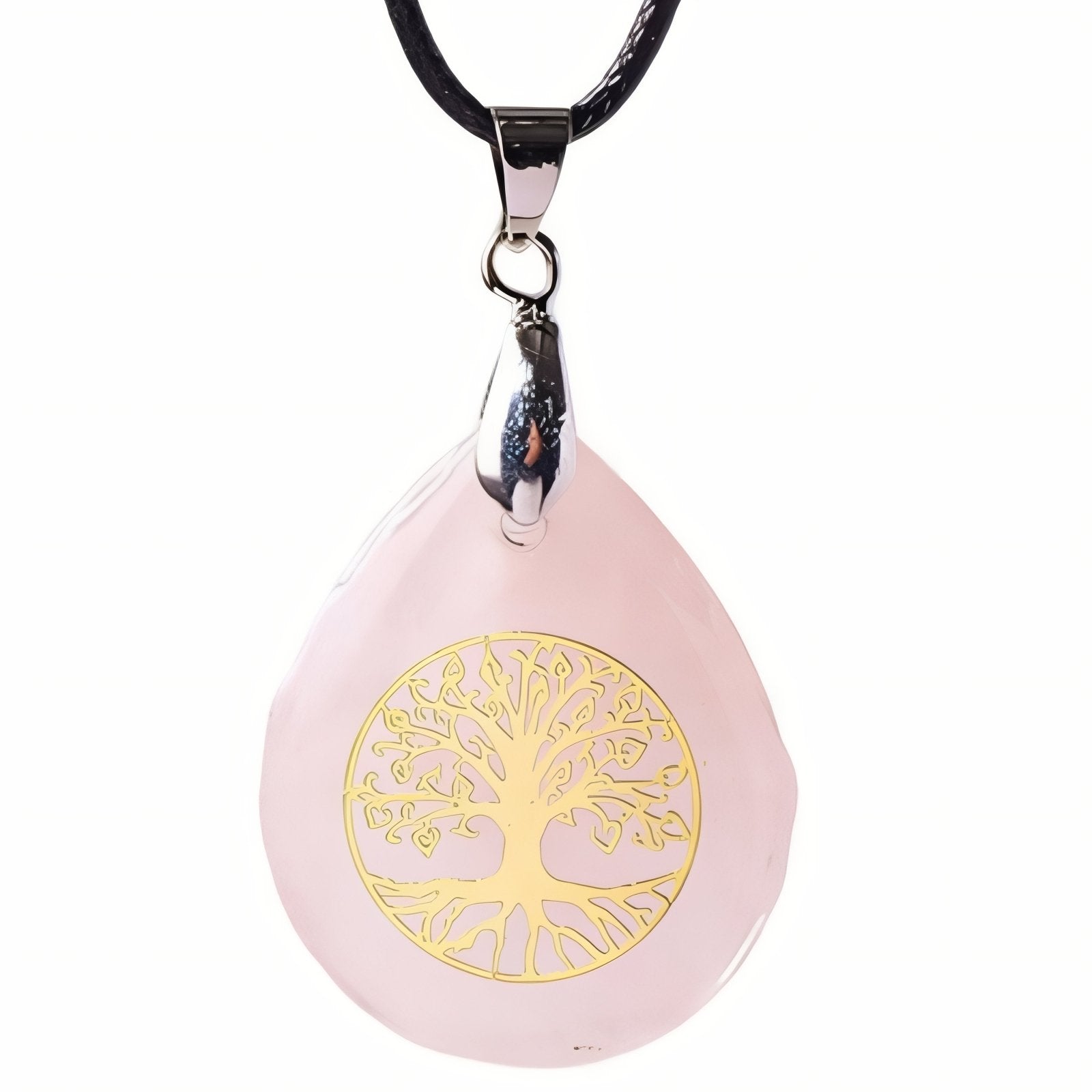 Collier symbolique pour femme, avec cordon noir et pendentif en pierre naturelle orné d'un arbre de vie