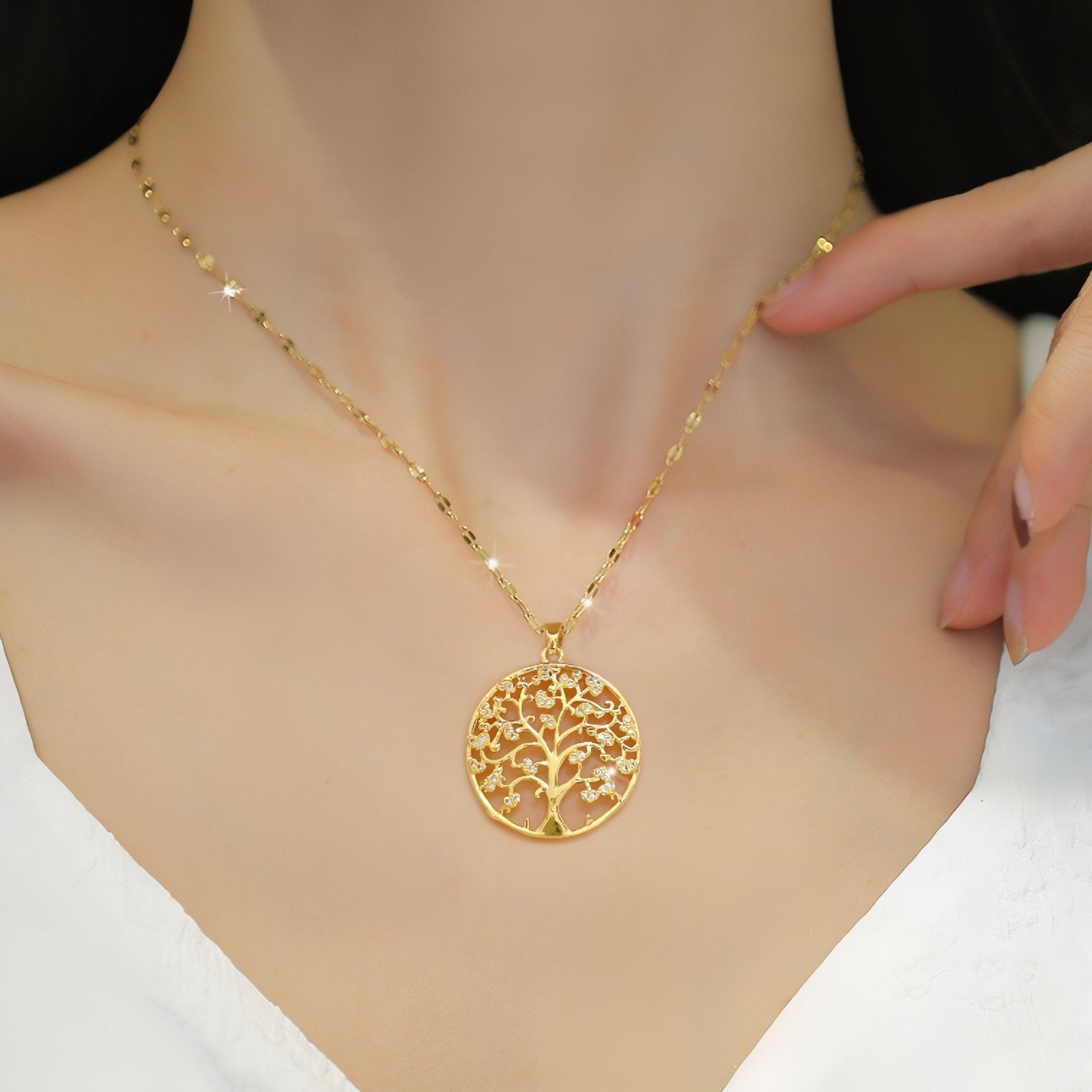 Collier symbolique pour femme, pendentif arbre de vie en cuivre et zircon, chaîne en acier inoxydable