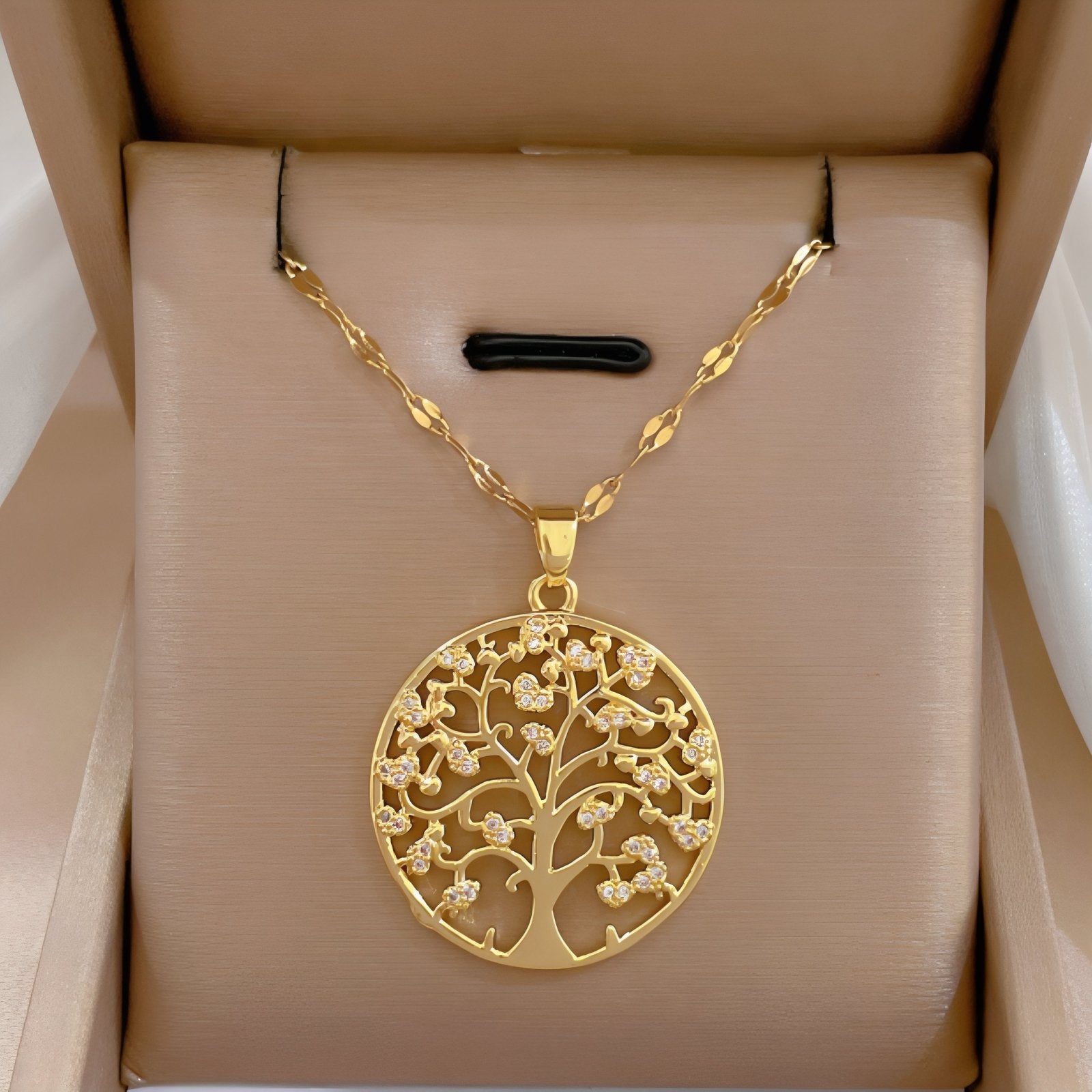 Collier symbolique pour femme, pendentif arbre de vie en cuivre et zircon, chaîne en acier inoxydable