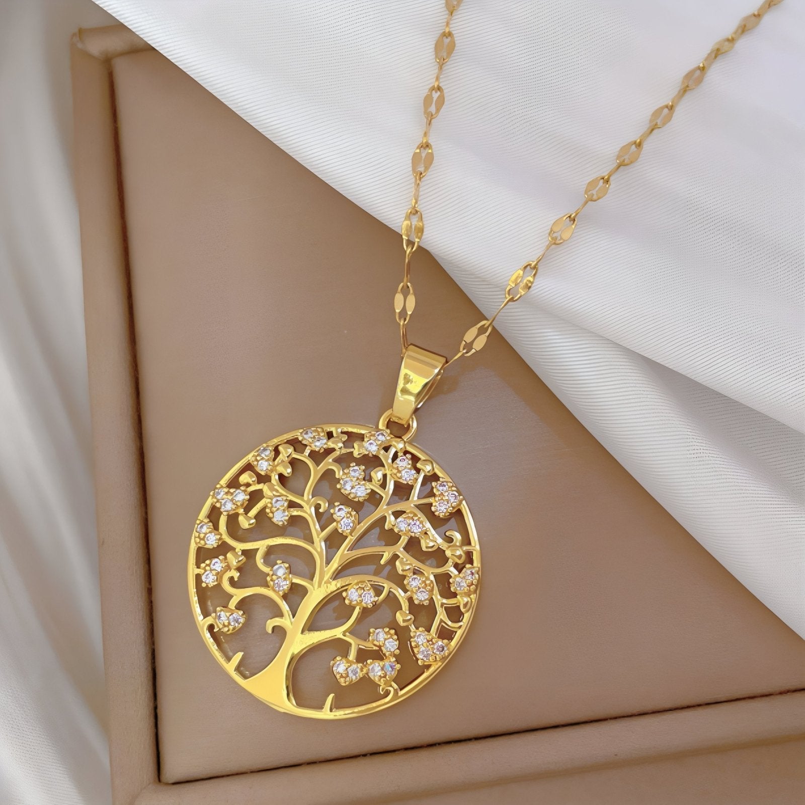 Collier symbolique pour femme, pendentif arbre de vie en cuivre et zircon, chaîne en acier inoxydable