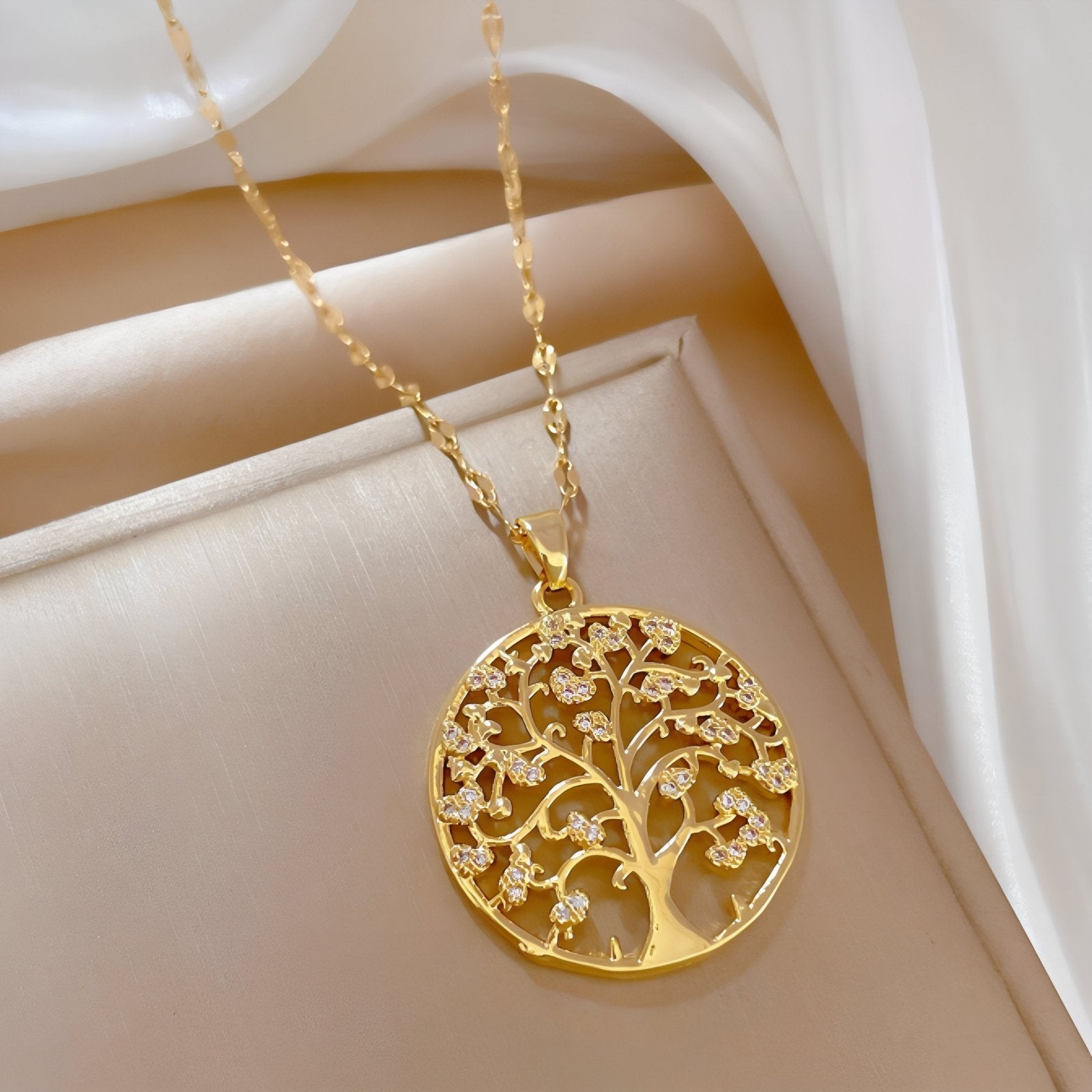 Collier symbolique pour femme, pendentif arbre de vie en cuivre et zircon, chaîne en acier inoxydable