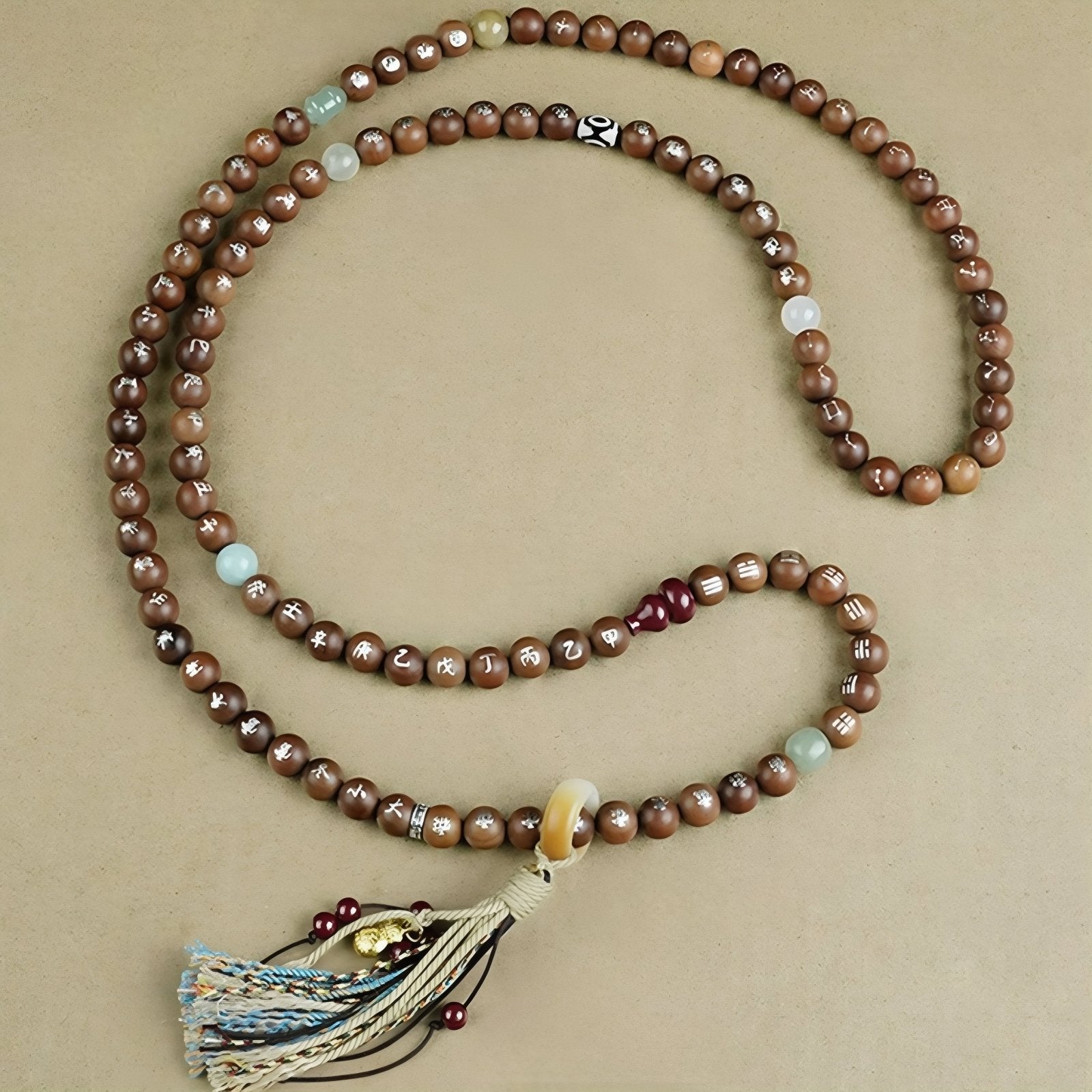 Collier taoïste en bois de jujubier, avec 108 perles et incrustations argent, style spirituel