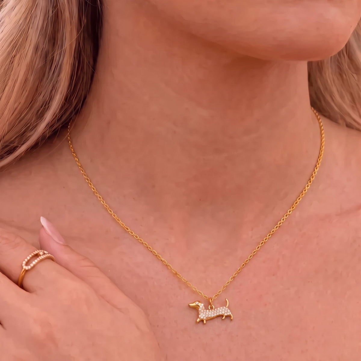 Collier teckel pour femme, en acier inoxydable doré, pendentif chien serti de pierres blanches