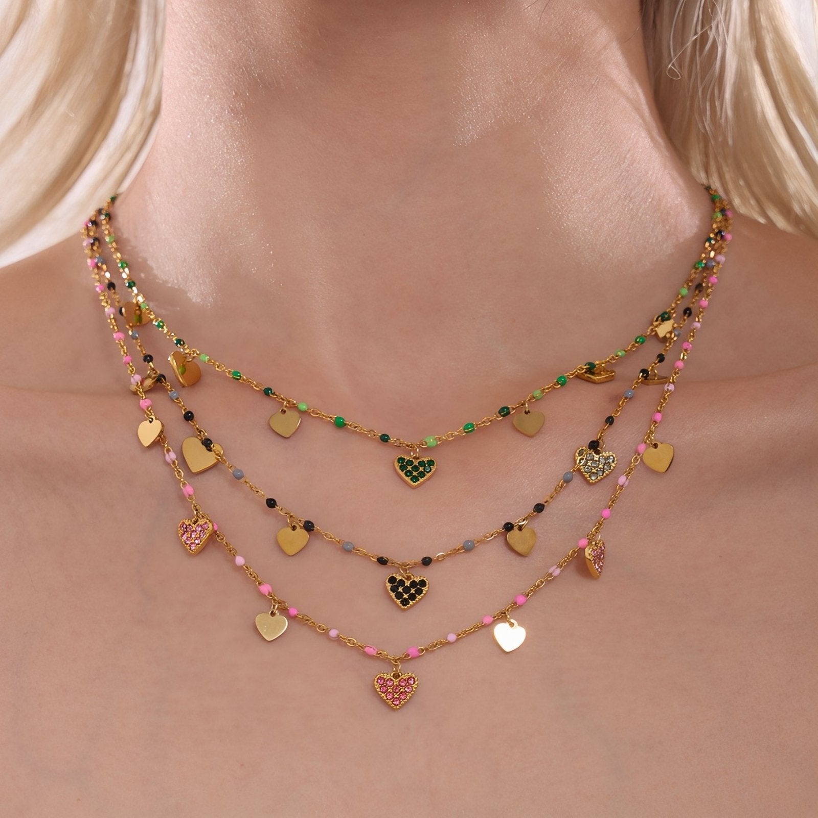 Collier tendance pour femme, acier inoxydable, pendentifs cœurs émaillés et zircons multicolores
