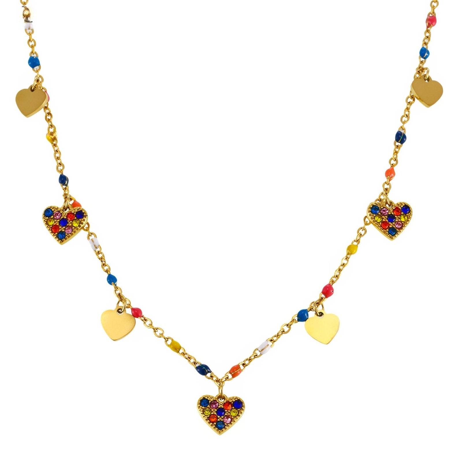 Collier tendance pour femme, acier inoxydable, pendentifs cœurs émaillés et zircons multicolores