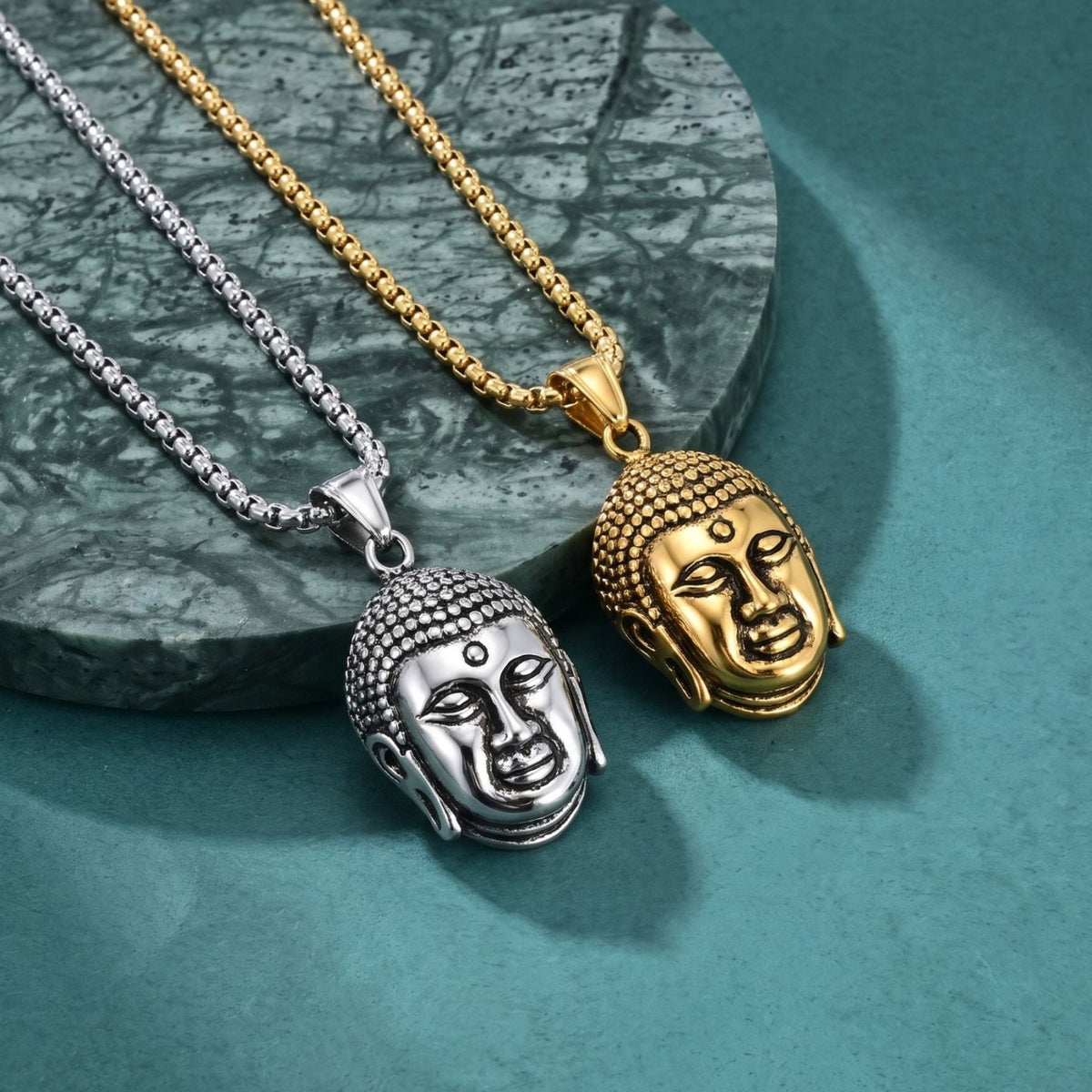 Collier tête de Bouddha pour homme, en acier inoxydable, pendentif sculpté au style spirituel et traditionnel