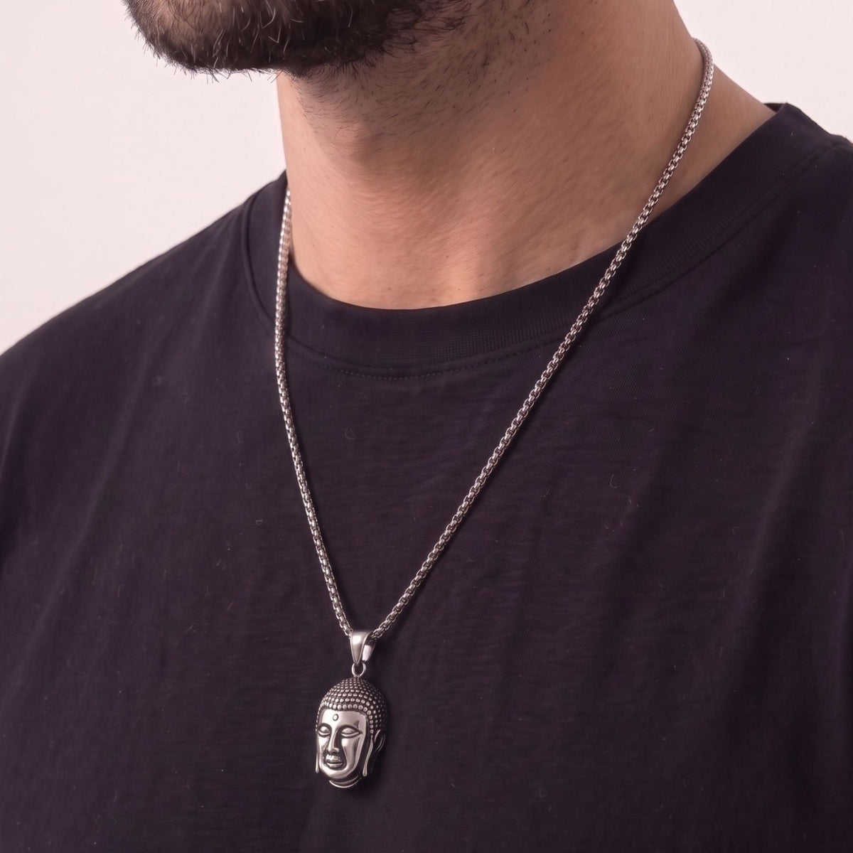 Collier tête de Bouddha pour homme, en acier inoxydable, pendentif sculpté au style spirituel et traditionnel