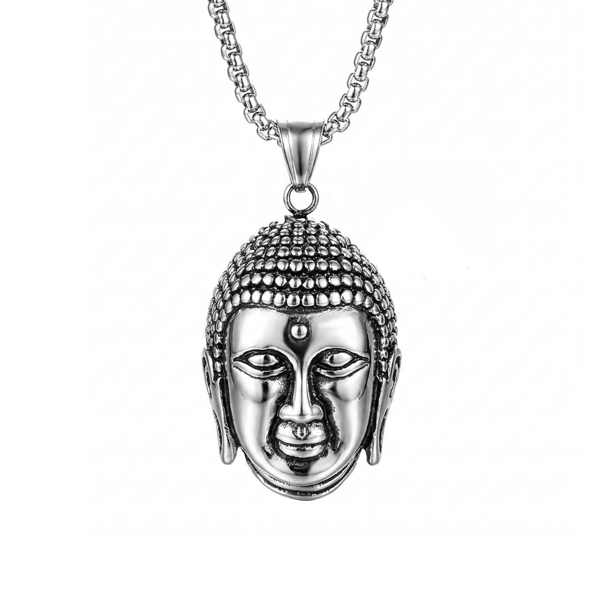 Collier tête de Bouddha pour homme, en acier inoxydable, pendentif sculpté au style spirituel et traditionnel