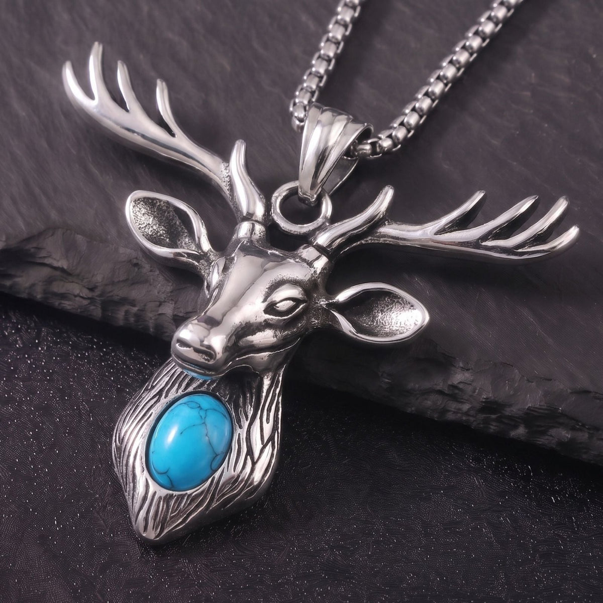 Collier tête de cerf pour homme, en acier titane, pendentif avec pierre turquoise et grands bois