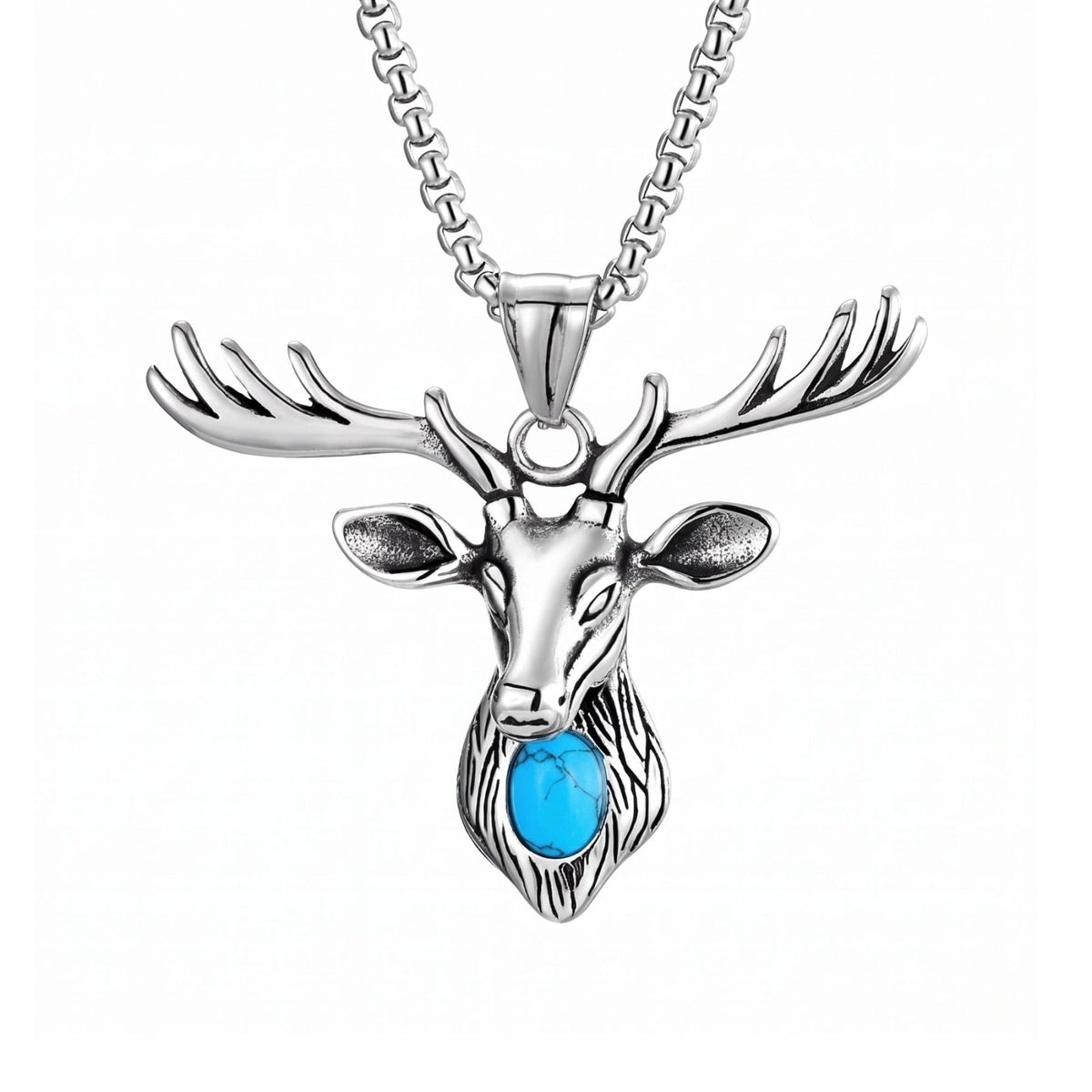 Collier tête de cerf pour homme, en acier titane, pendentif avec pierre turquoise et grands bois