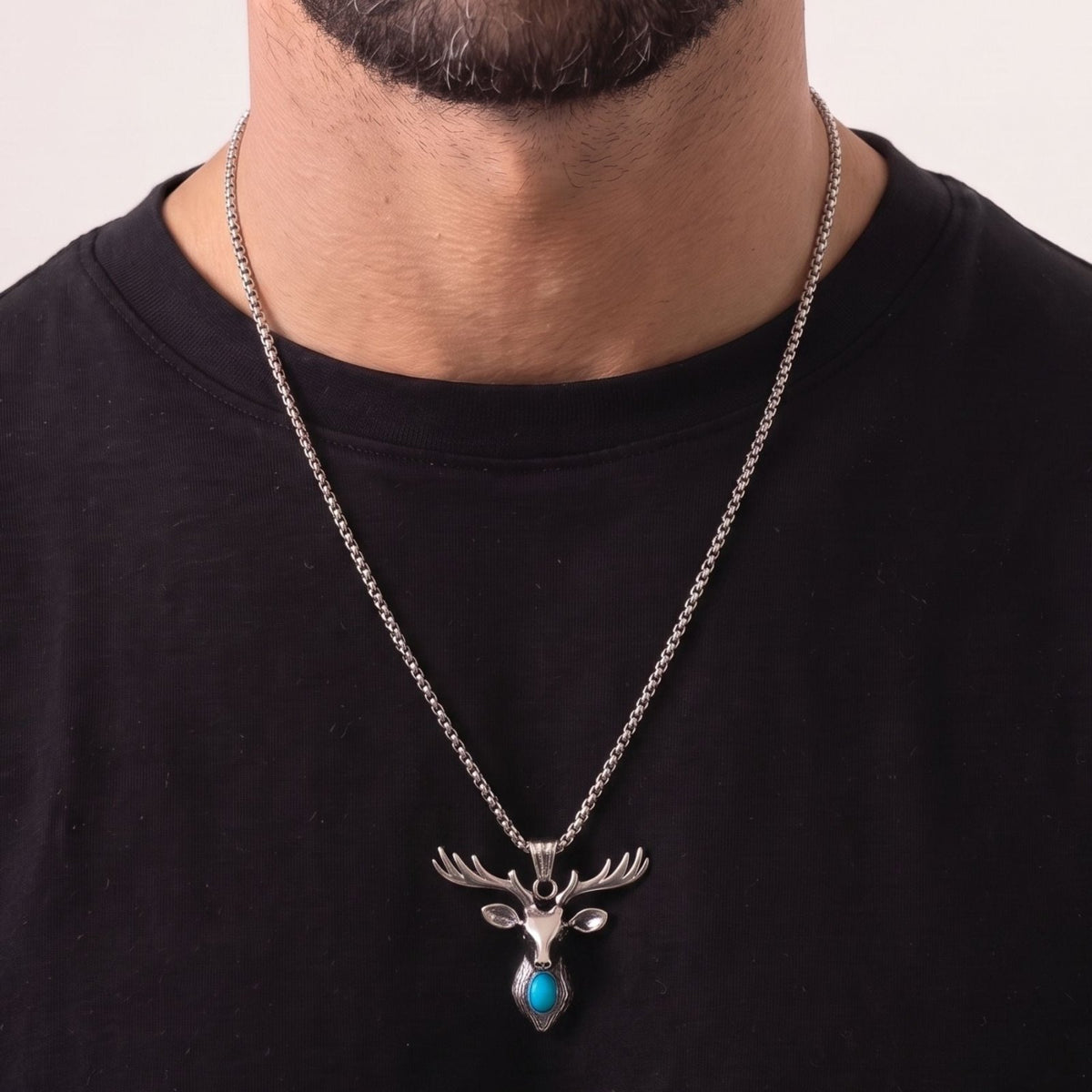 Collier tête de cerf pour homme, en acier titane, pendentif avec pierre turquoise et grands bois