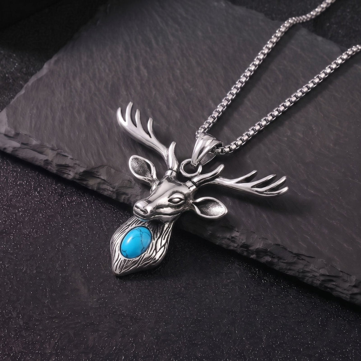 Collier tête de cerf pour homme, en acier titane, pendentif avec pierre turquoise et grands bois