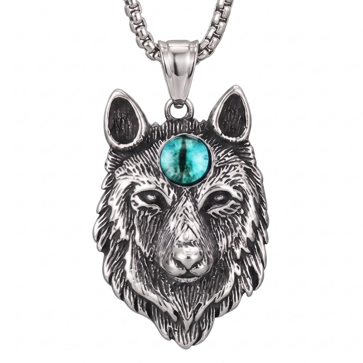 Collier tête de loup pour homme, en acier inoxydable, avec oeil coloré