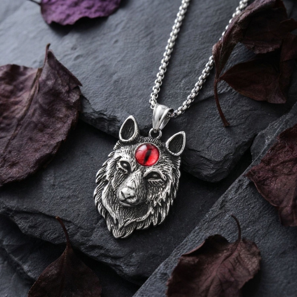 Collier tête de loup pour homme, en acier inoxydable, avec oeil coloré
